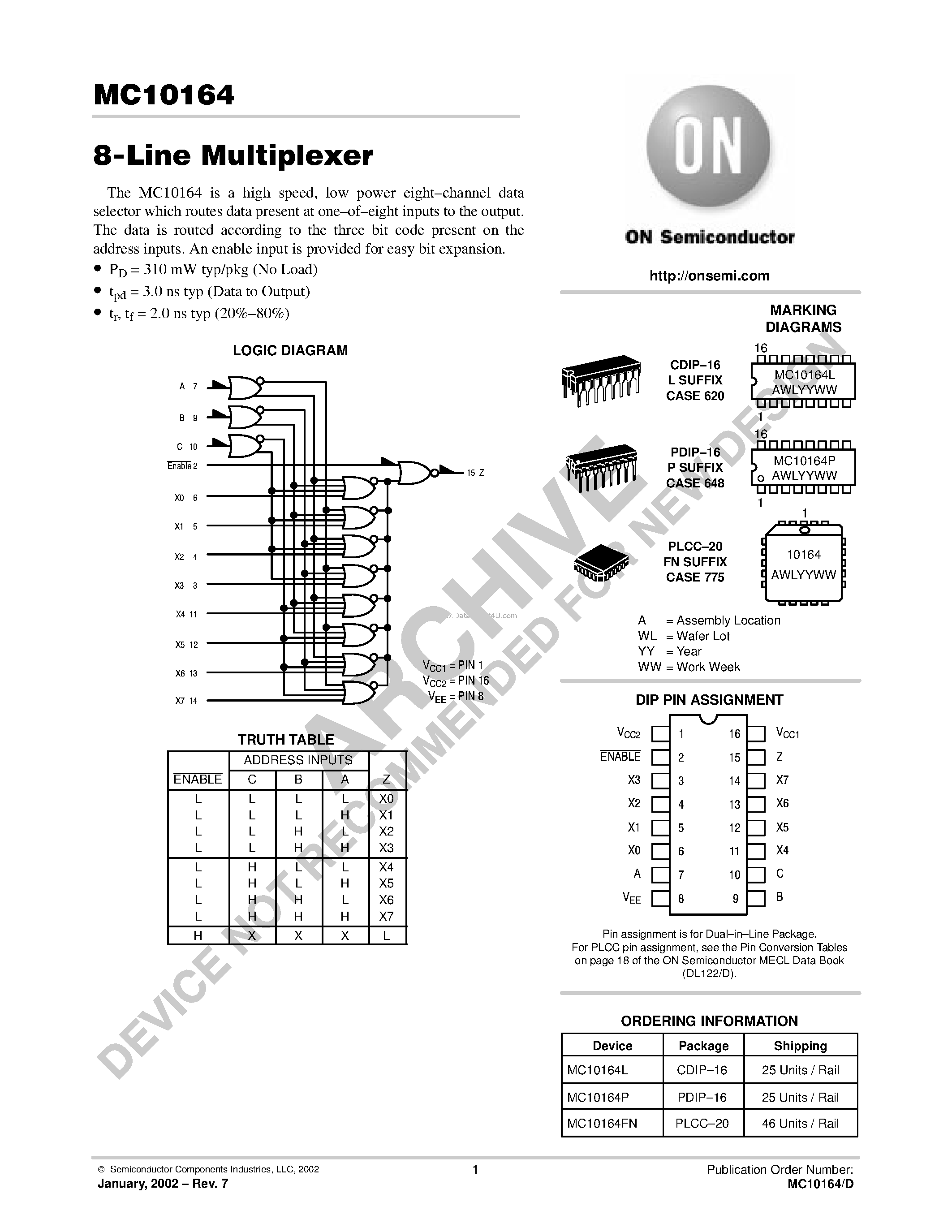 Даташит MC10164 - 8-Line Multiplexer страница 1