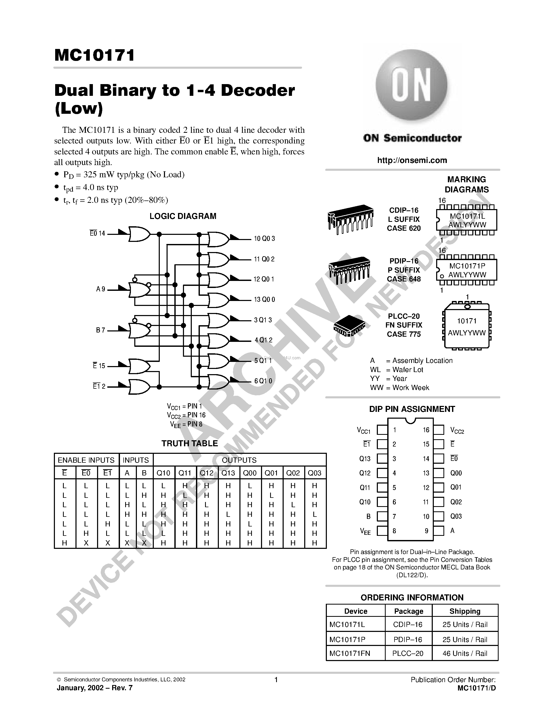 Datasheet MC10171 - Dual Binary to 1-4 Decoder(Low) page 1