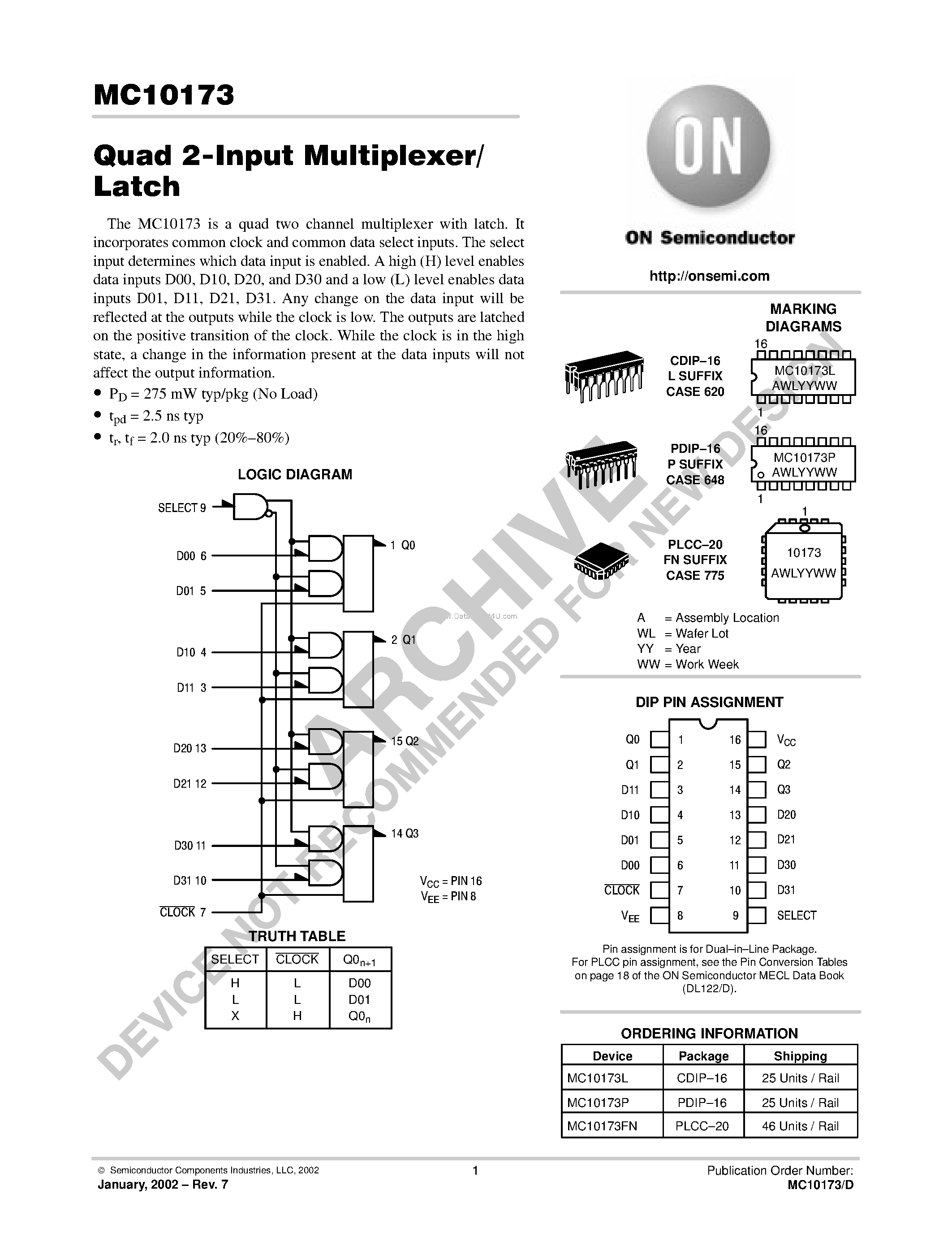 Даташит MC10173 - Quad 2-Input Multiplexer/Latch страница 1