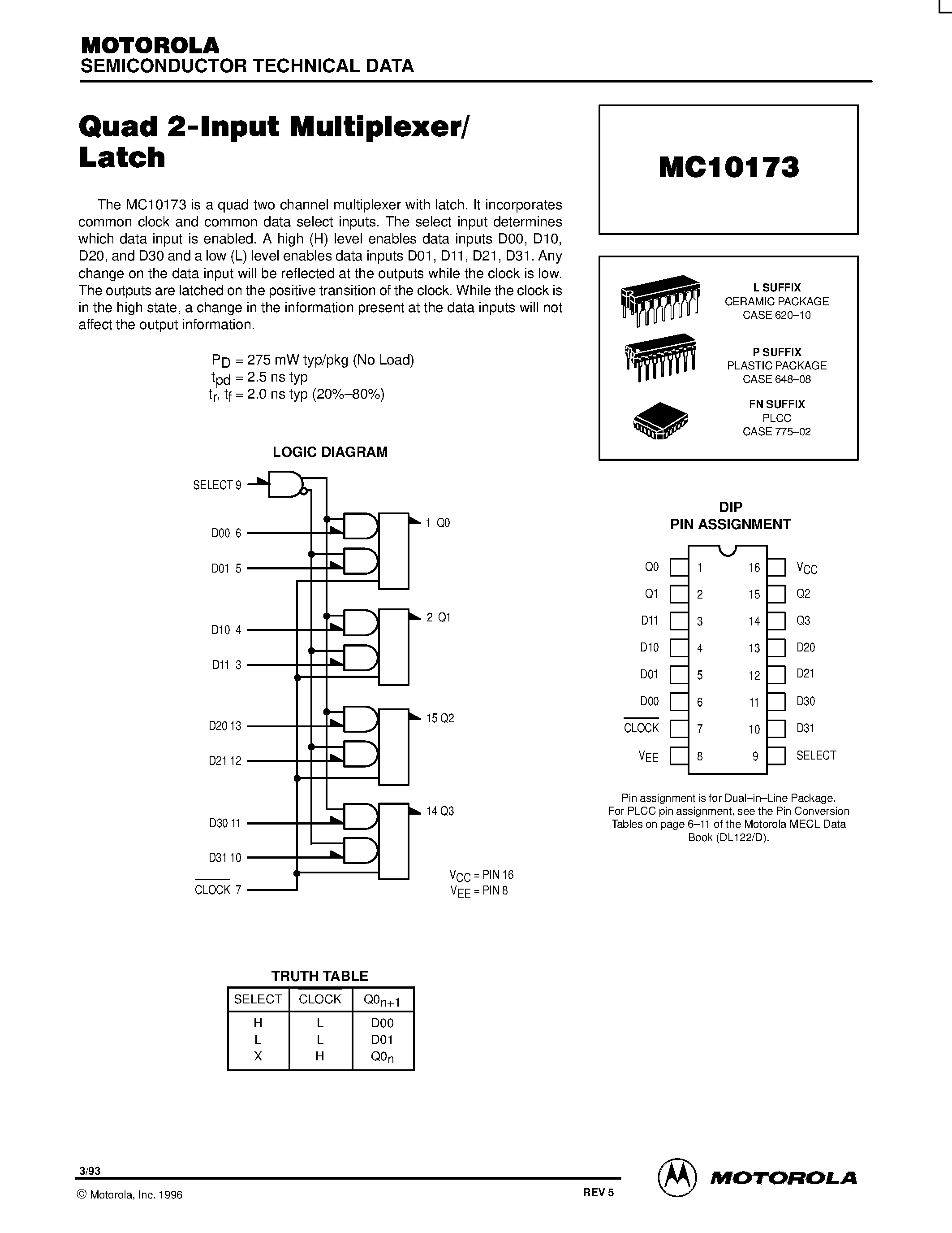 Даташит на микросхему MC10173L страница 1 Даташит MC10173L - Quad 2-Input Multiplexer/ Latch страница 1