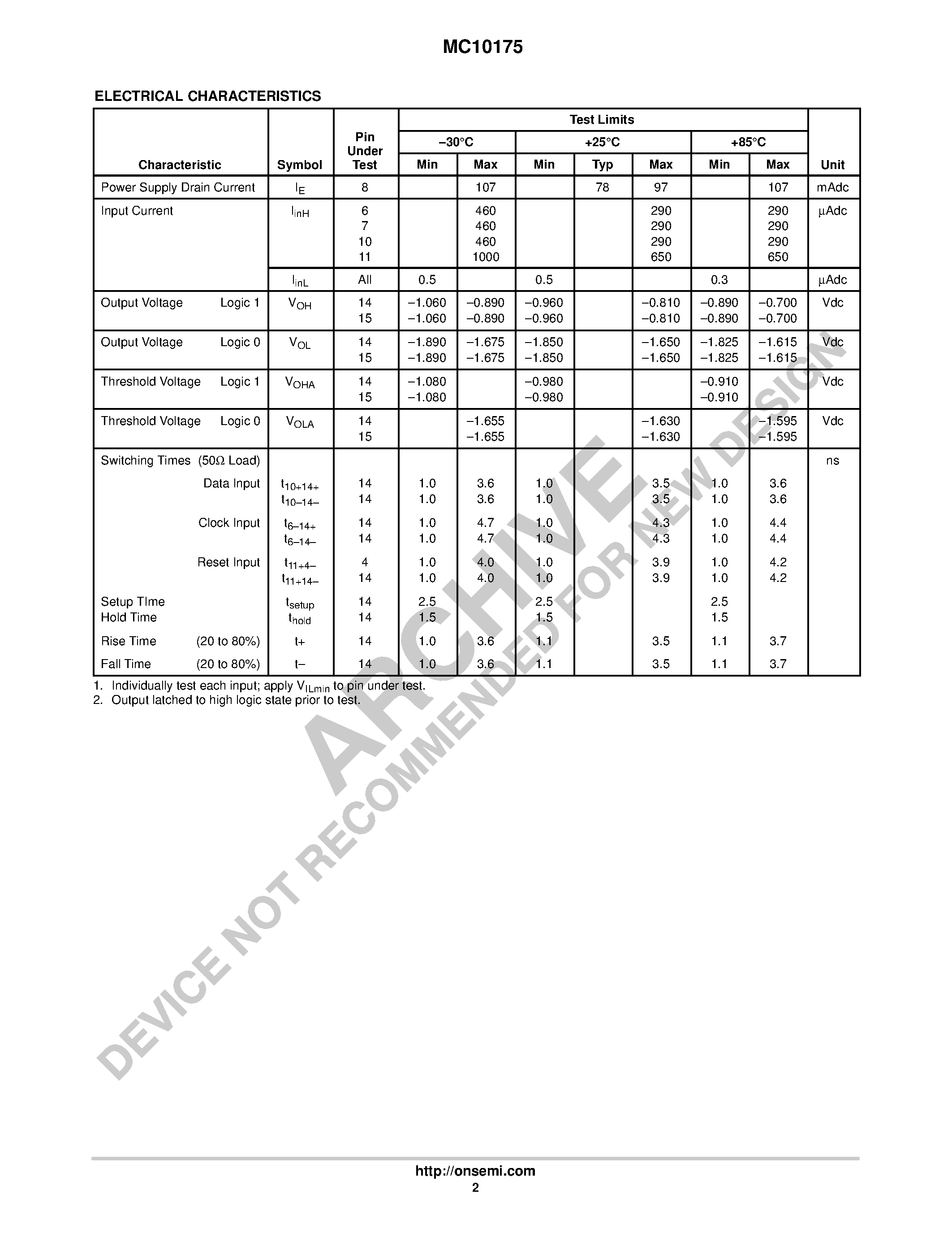 Даташит MC10175 - Quint Latch страница 2