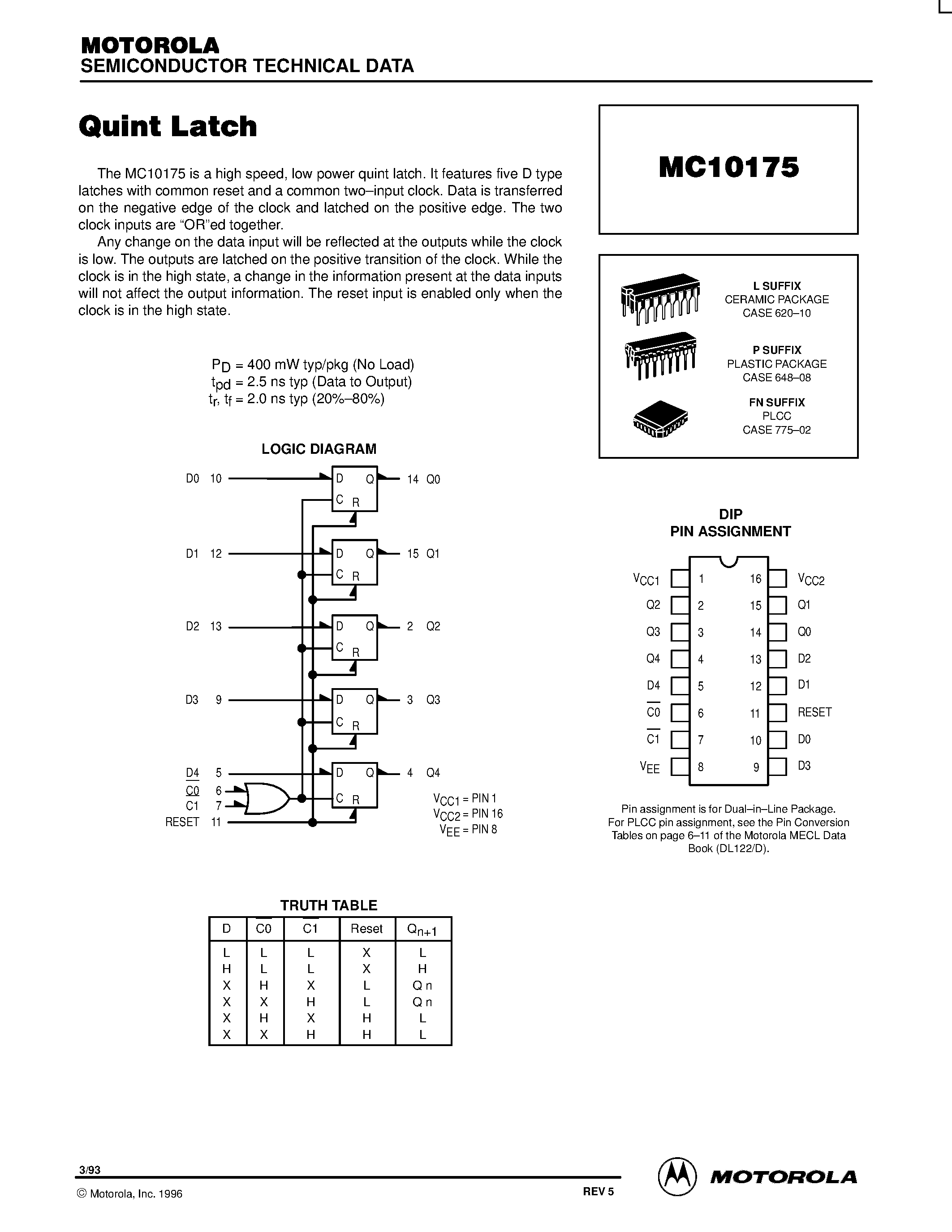 Даташит MC10175P - Quint Latch страница 1
