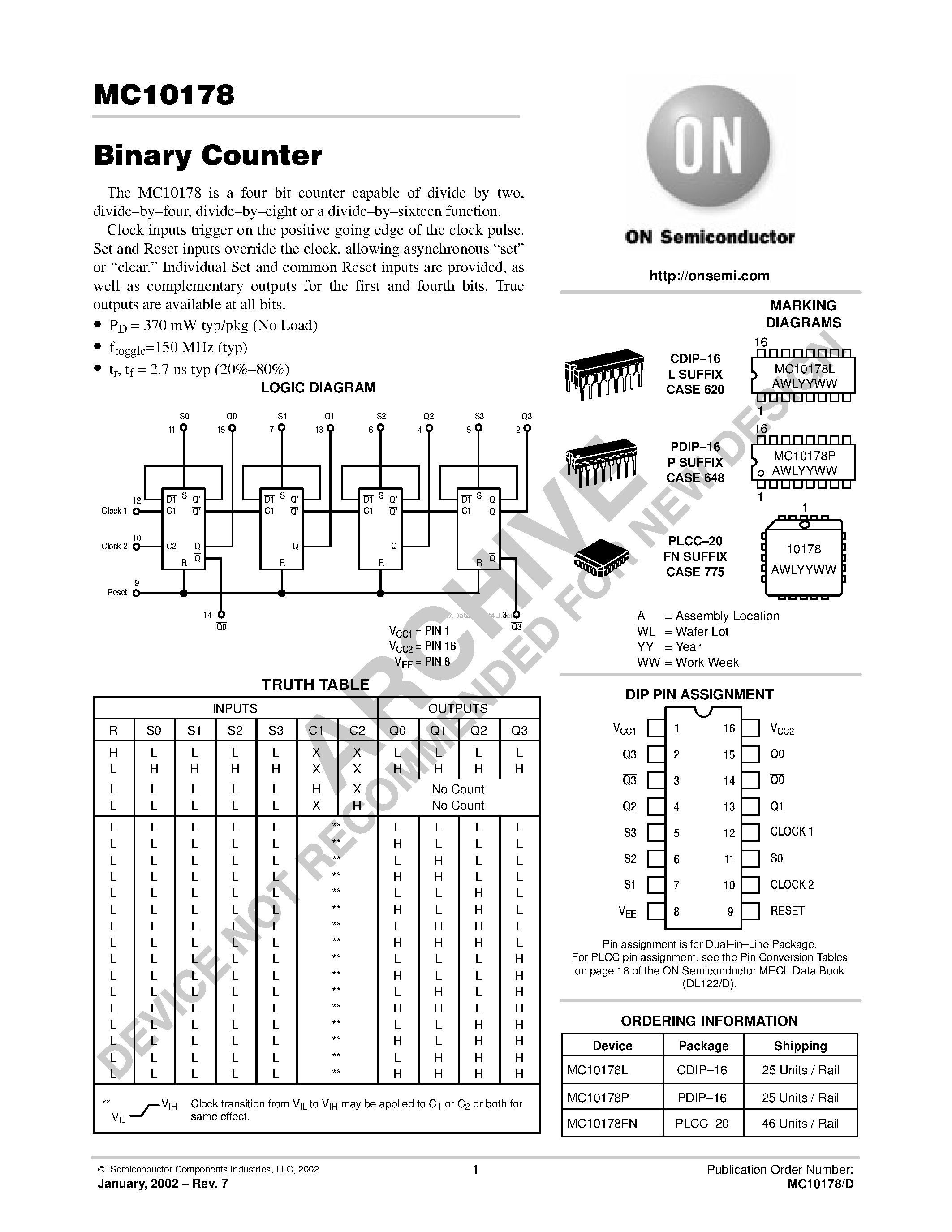 Даташит MC10178 - Binary Counter страница 1