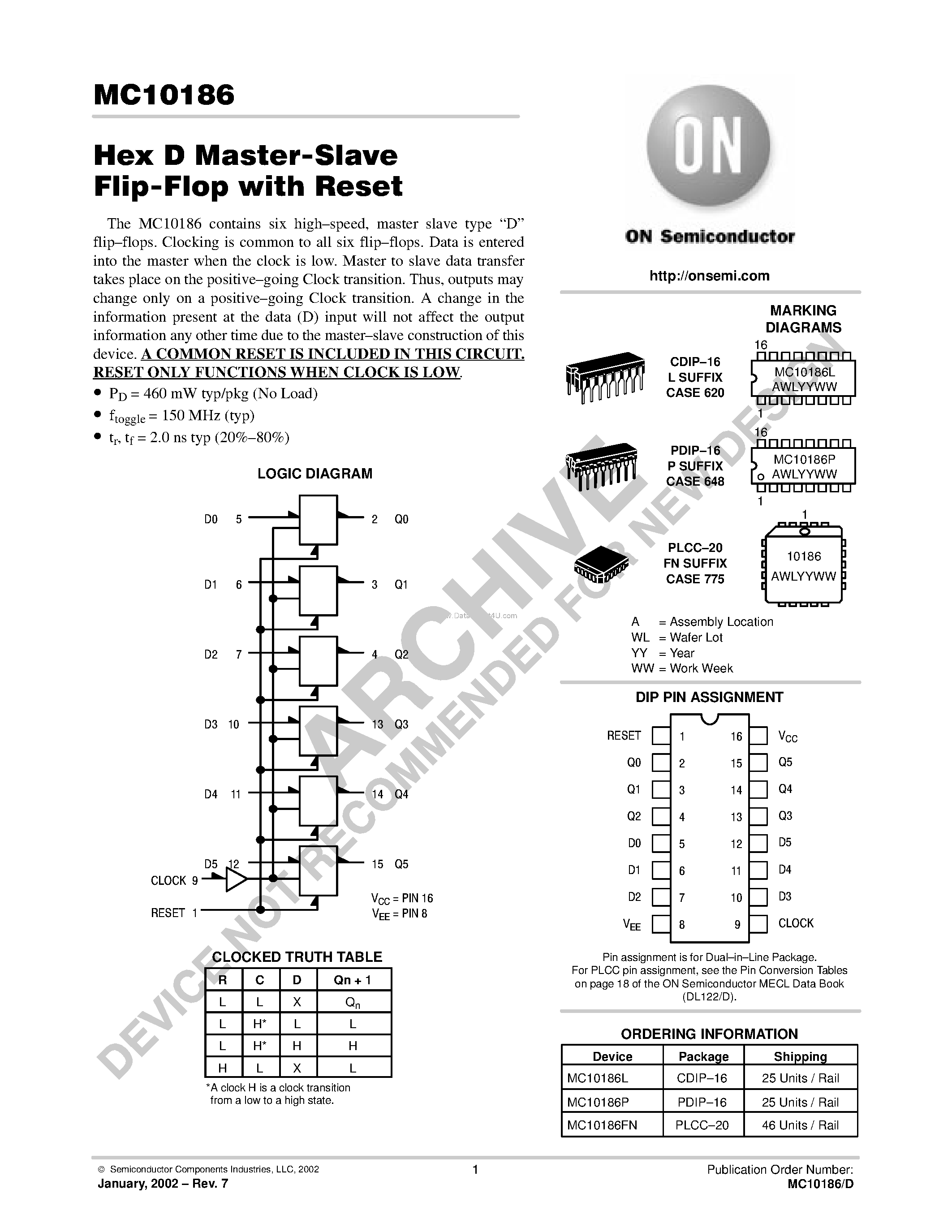 Даташит на микросхему MC10186 страница 1 Даташит MC10186 - Hex D Master-Slave Flip-Flop With Reset страница 1