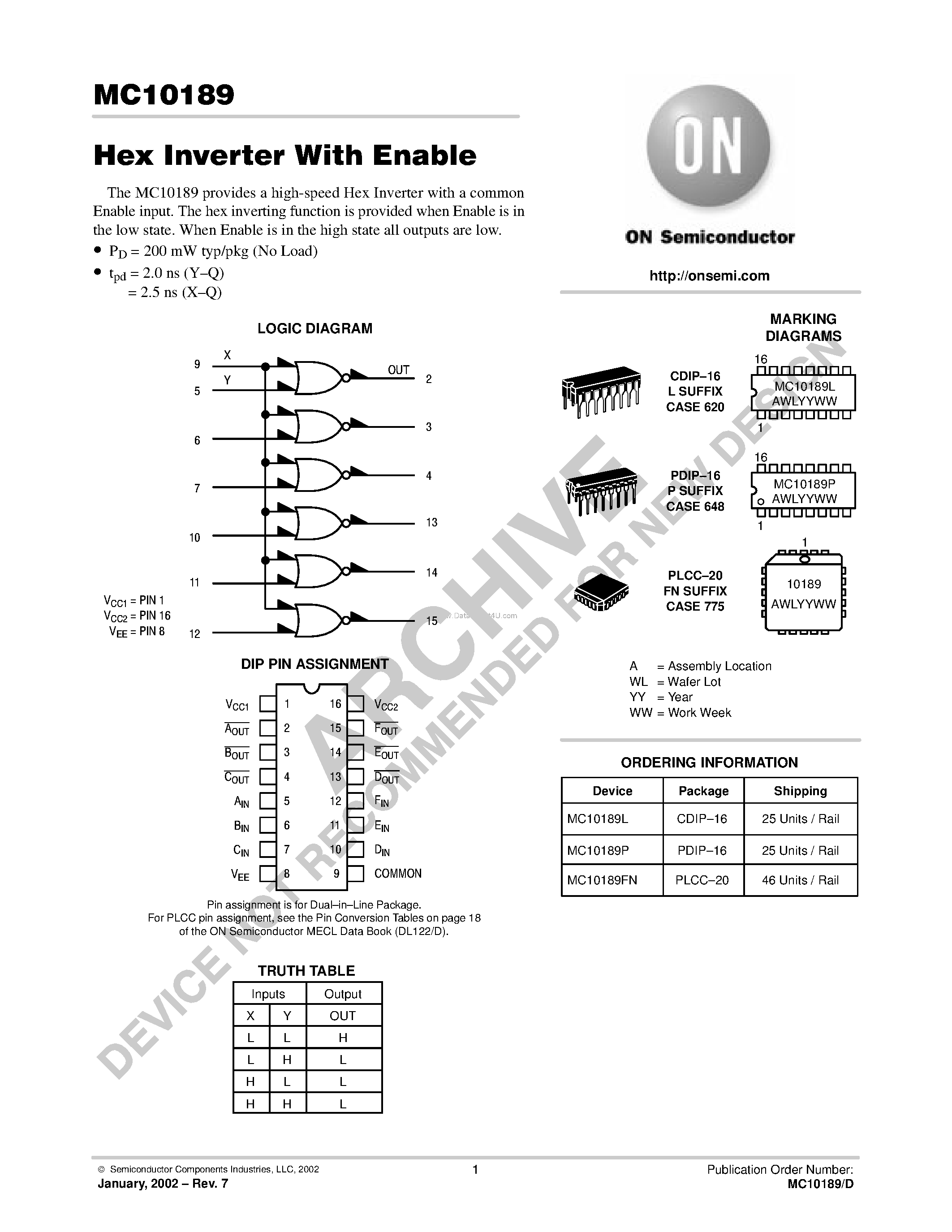 Даташит на микросхему MC10189 страница 1 Даташит MC10189 - Hex Inverter With Enable страница 1