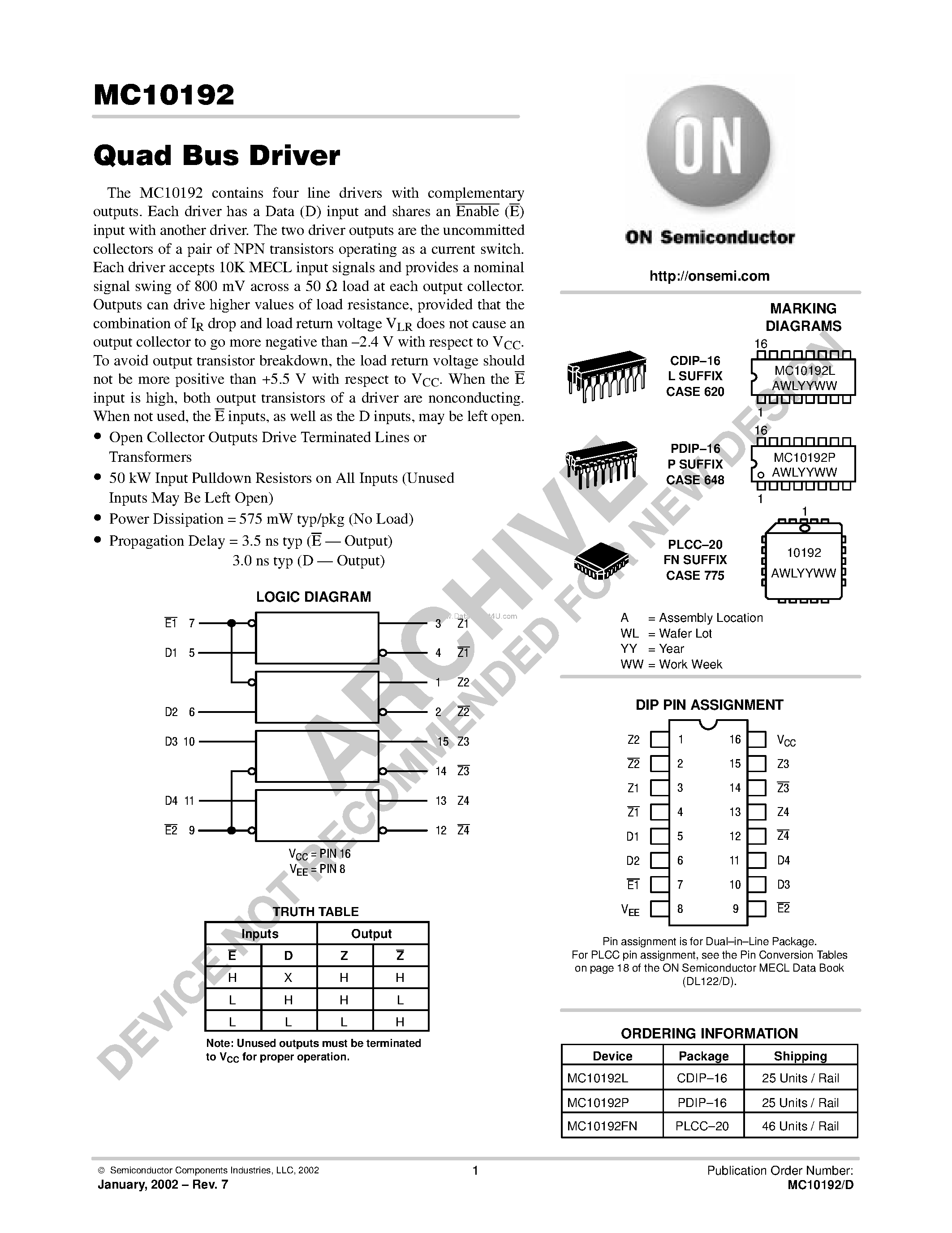 Даташит MC10192 - Quad Bus Driver страница 1