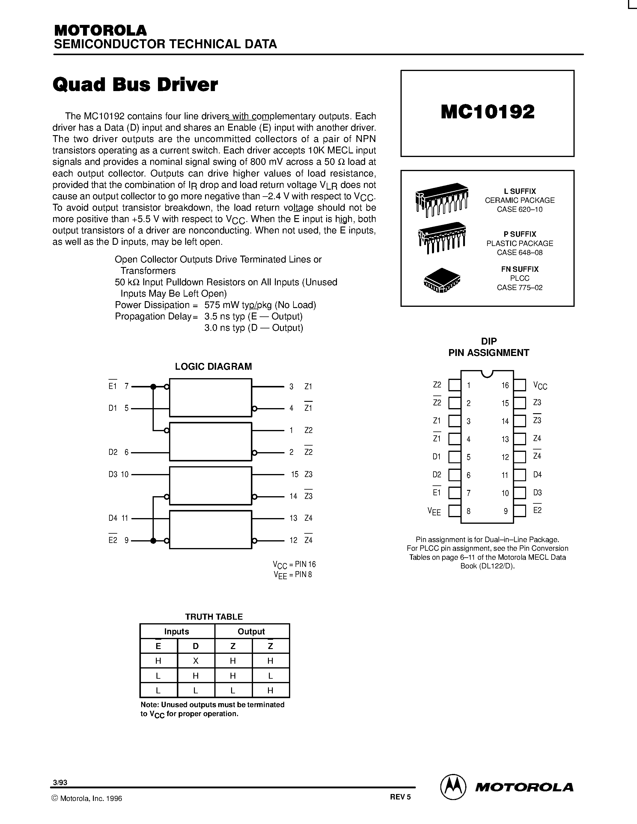 Даташит MC10192L - Quad Bus Driver страница 1