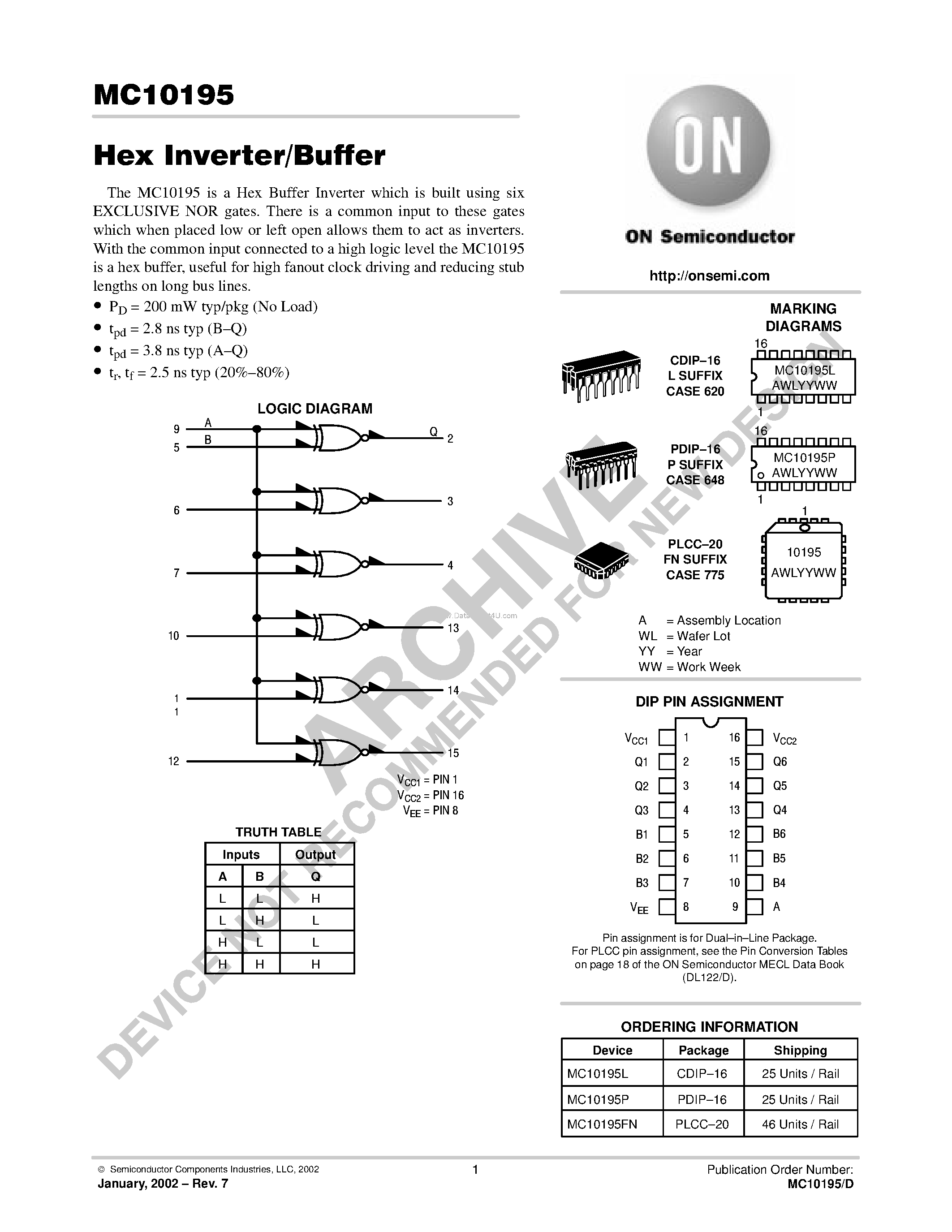 Даташит на микросхему MC10195 страница 1 Даташит MC10195 - Hex Inverter/Buffer страница 1