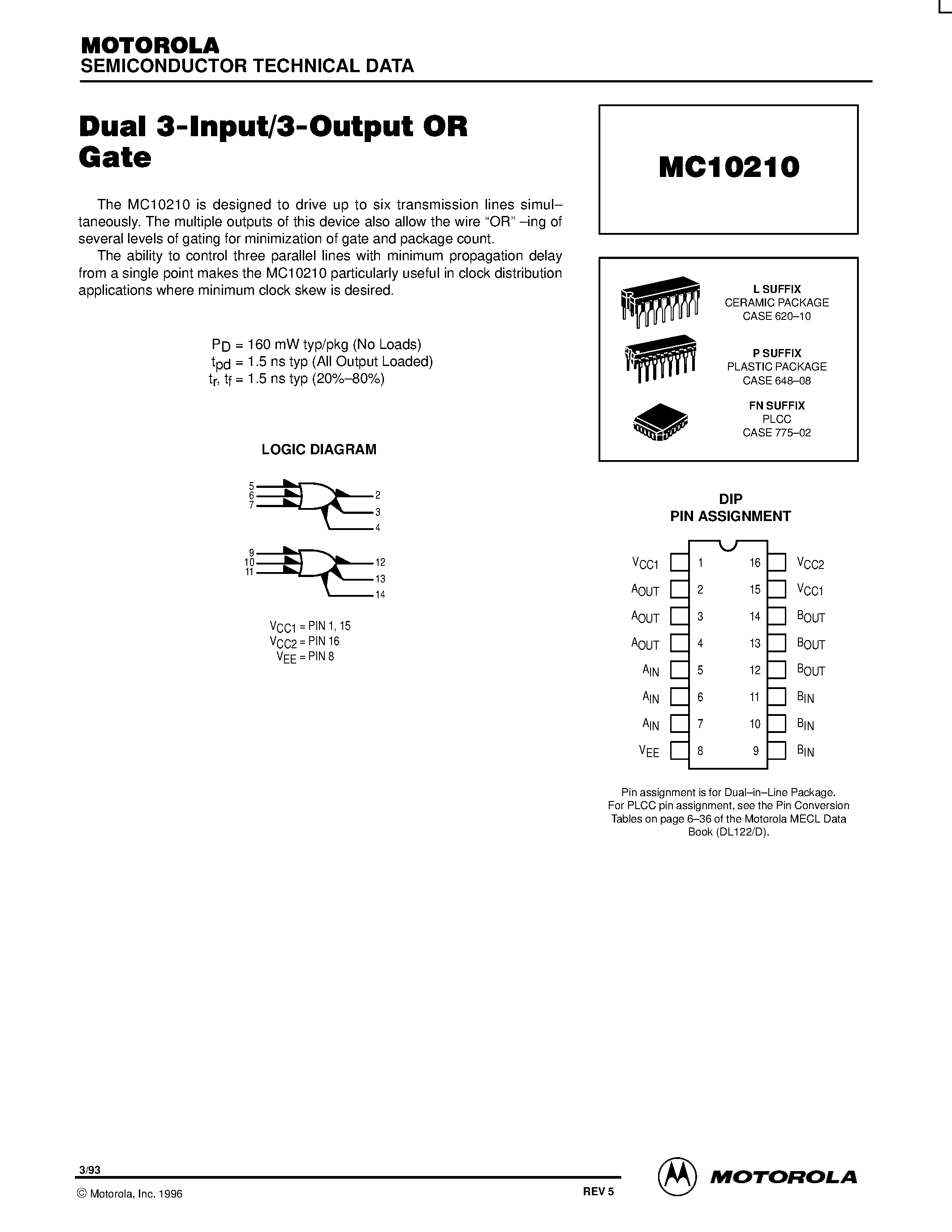 Даташит MC10210L - Dual 3-Input/3-Output OR Gate страница 1