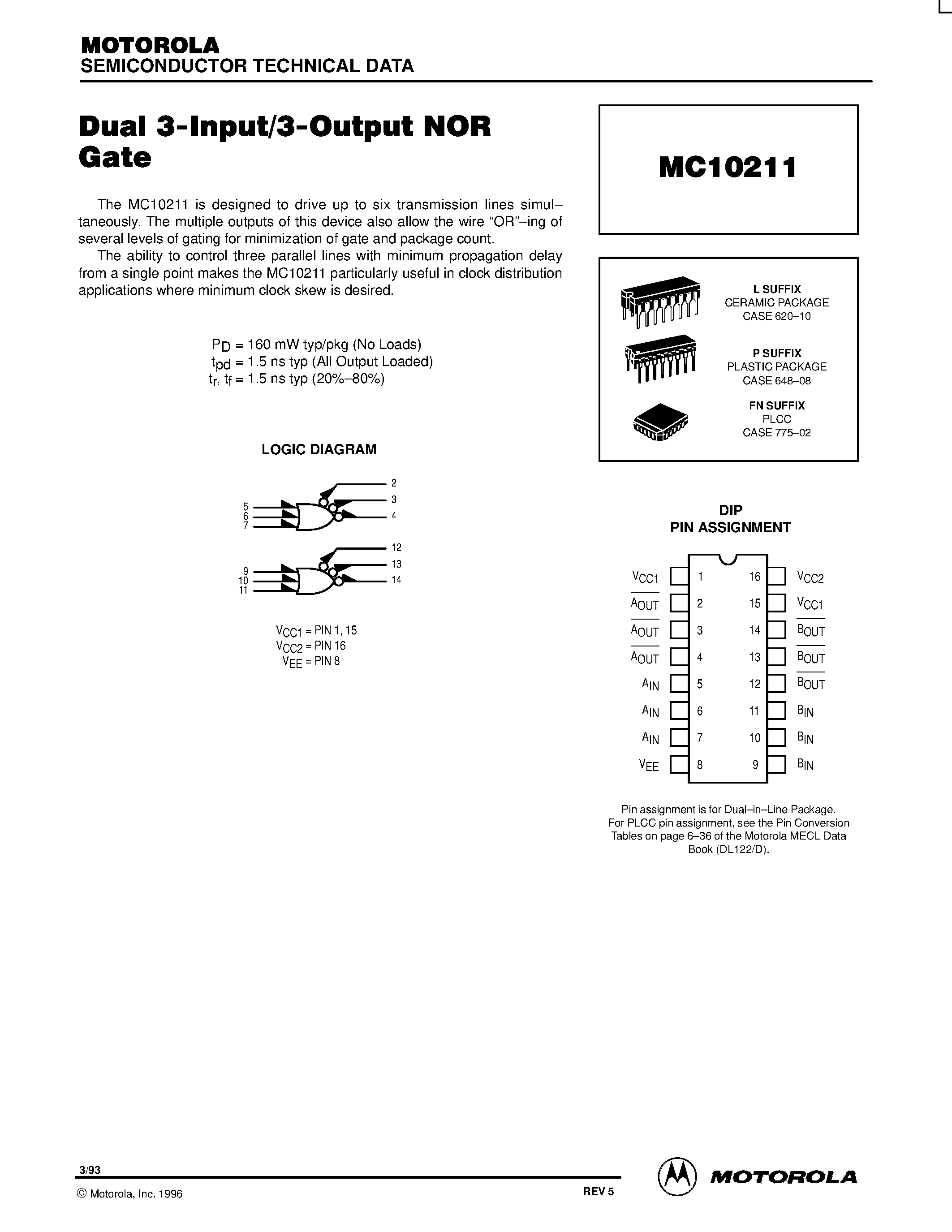 Даташит MC10211FN - Dual 3-Input/3-Output NOR Gate страница 1