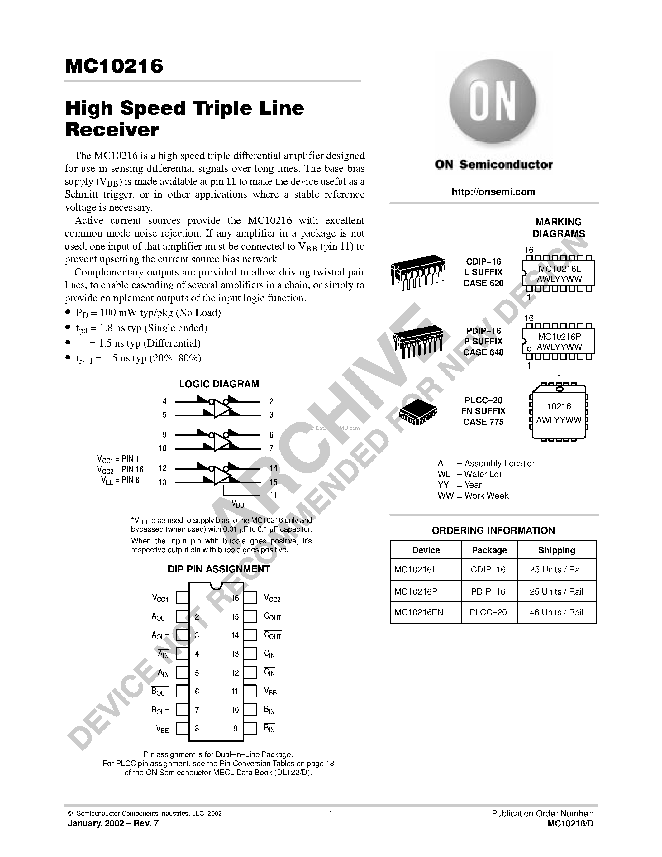 Даташит MC10216 - High Speed Triple Line Receiver страница 1