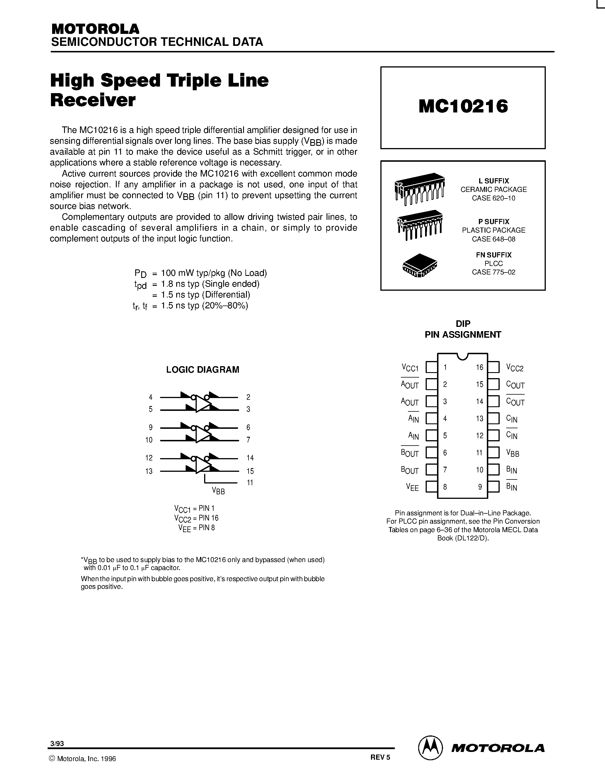 Даташит MC10216L - High Speed Triple Line Receiver страница 1