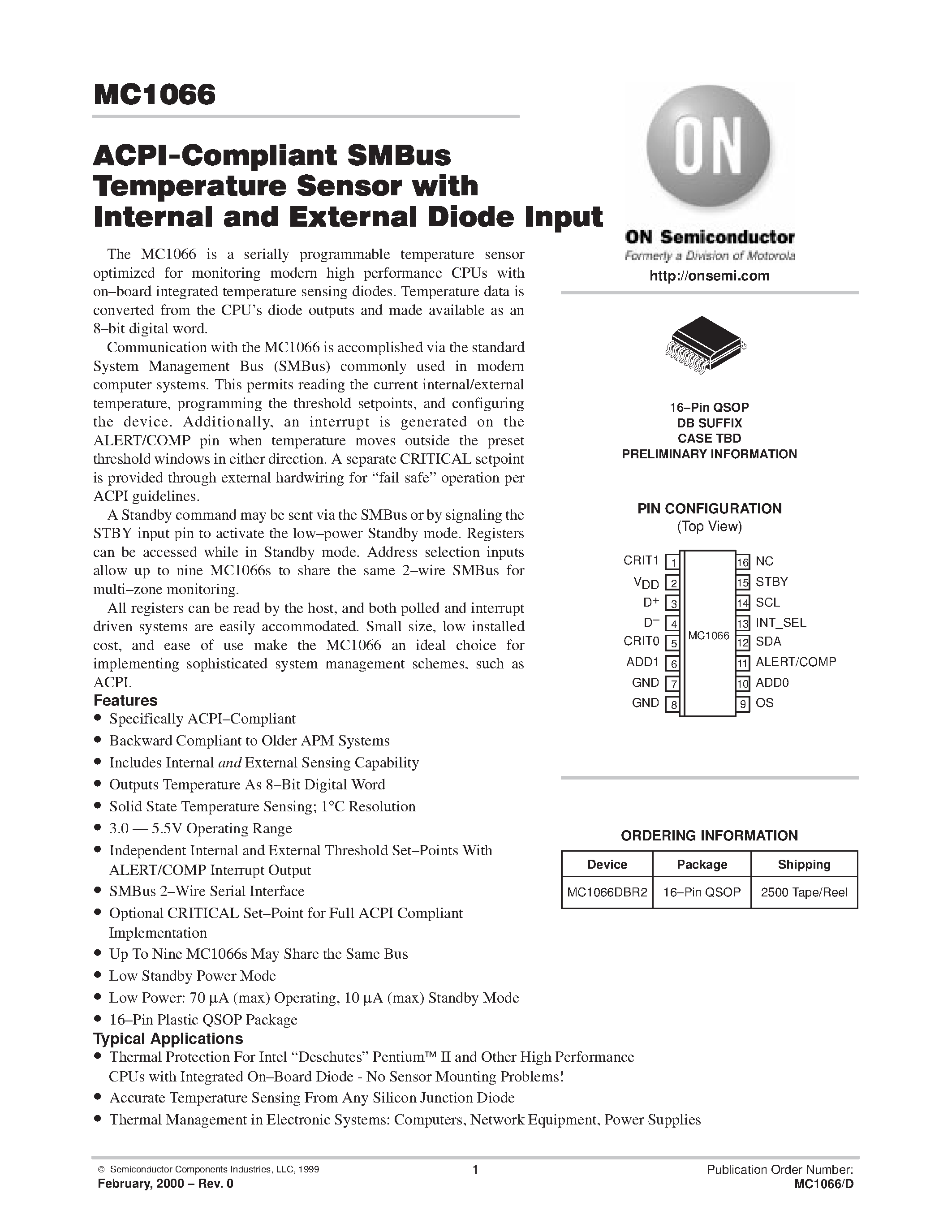 Даташит MC1066DBR2 - ACPI-Compliant SMBus Temperature Sensor with Internal and External Diode Input страница 1