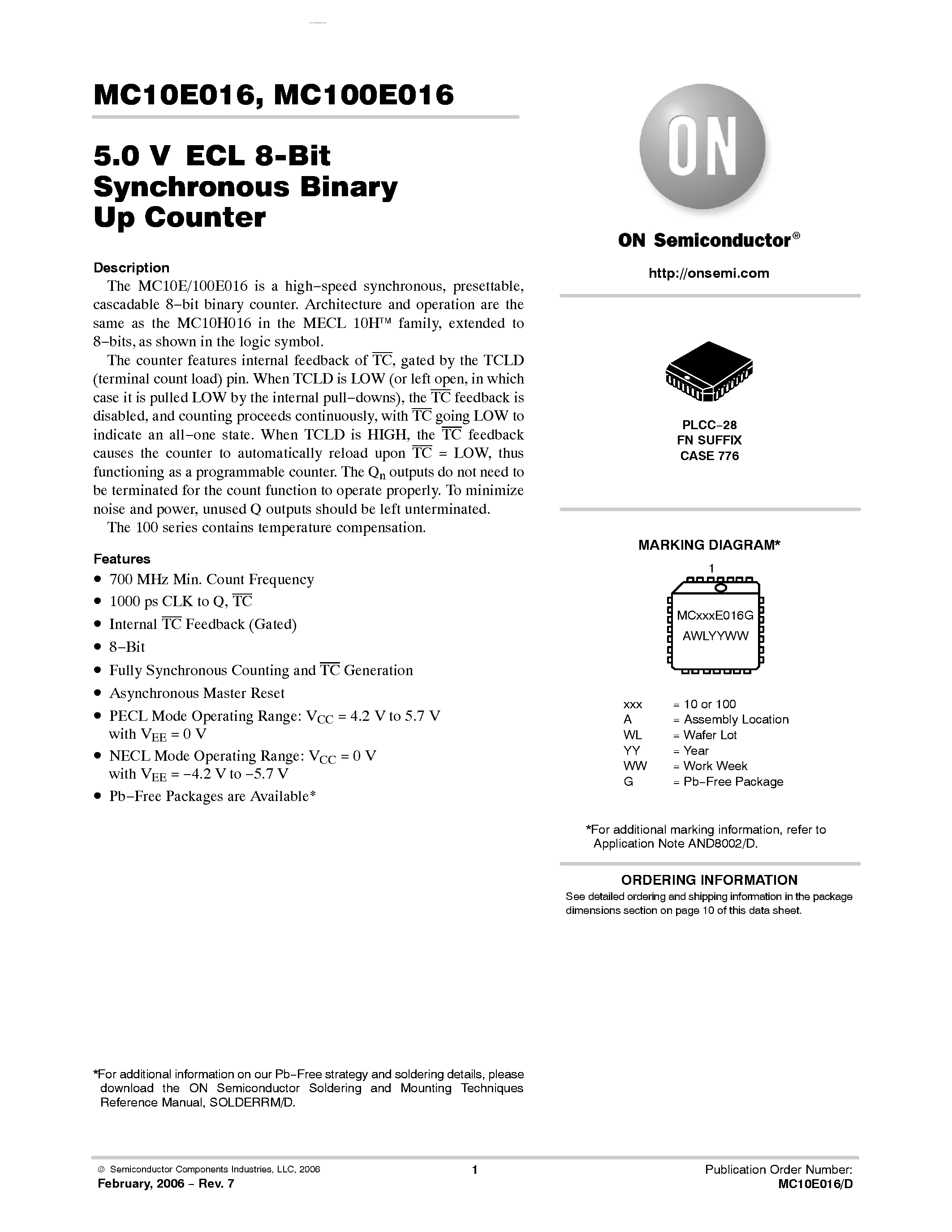 Даташит MC10E016 - 8-BIT SYNCHRONOUS BINARY UP COUNTER страница 1