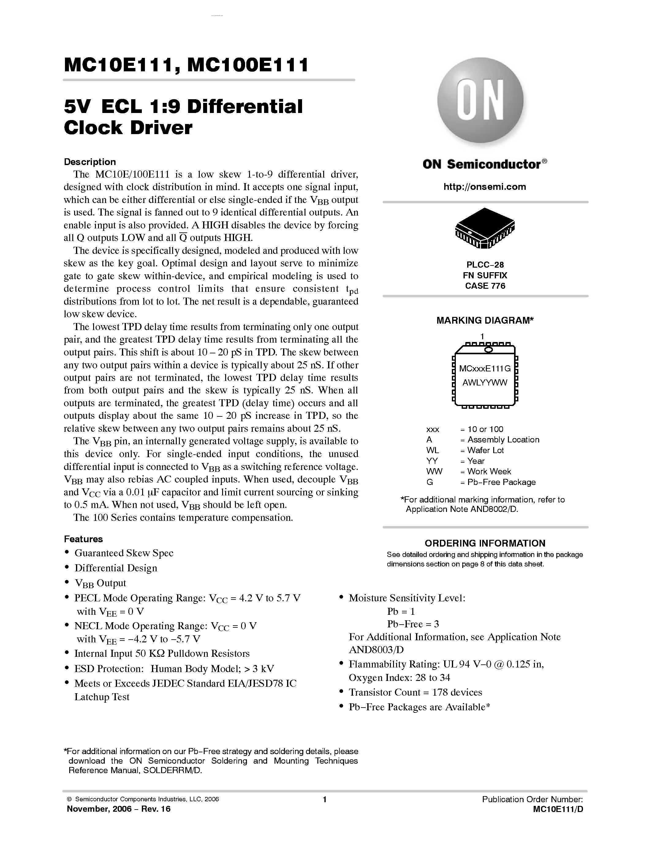 Datasheet MC10E111 - 1:9 DIFFERENTIAL CLOCK DRIVER page 1