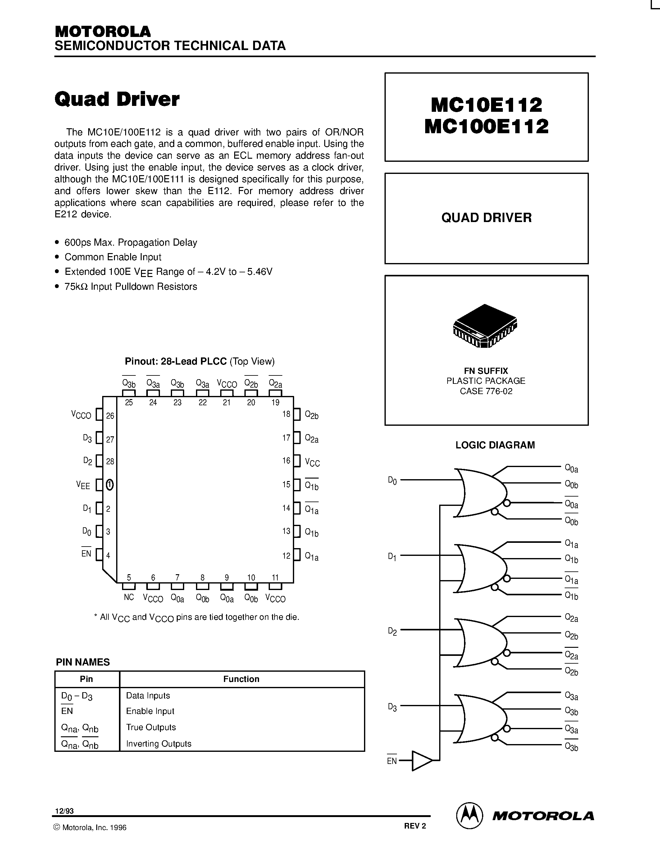 Даташит MC10E112FN - QUAD DRIVER страница 1