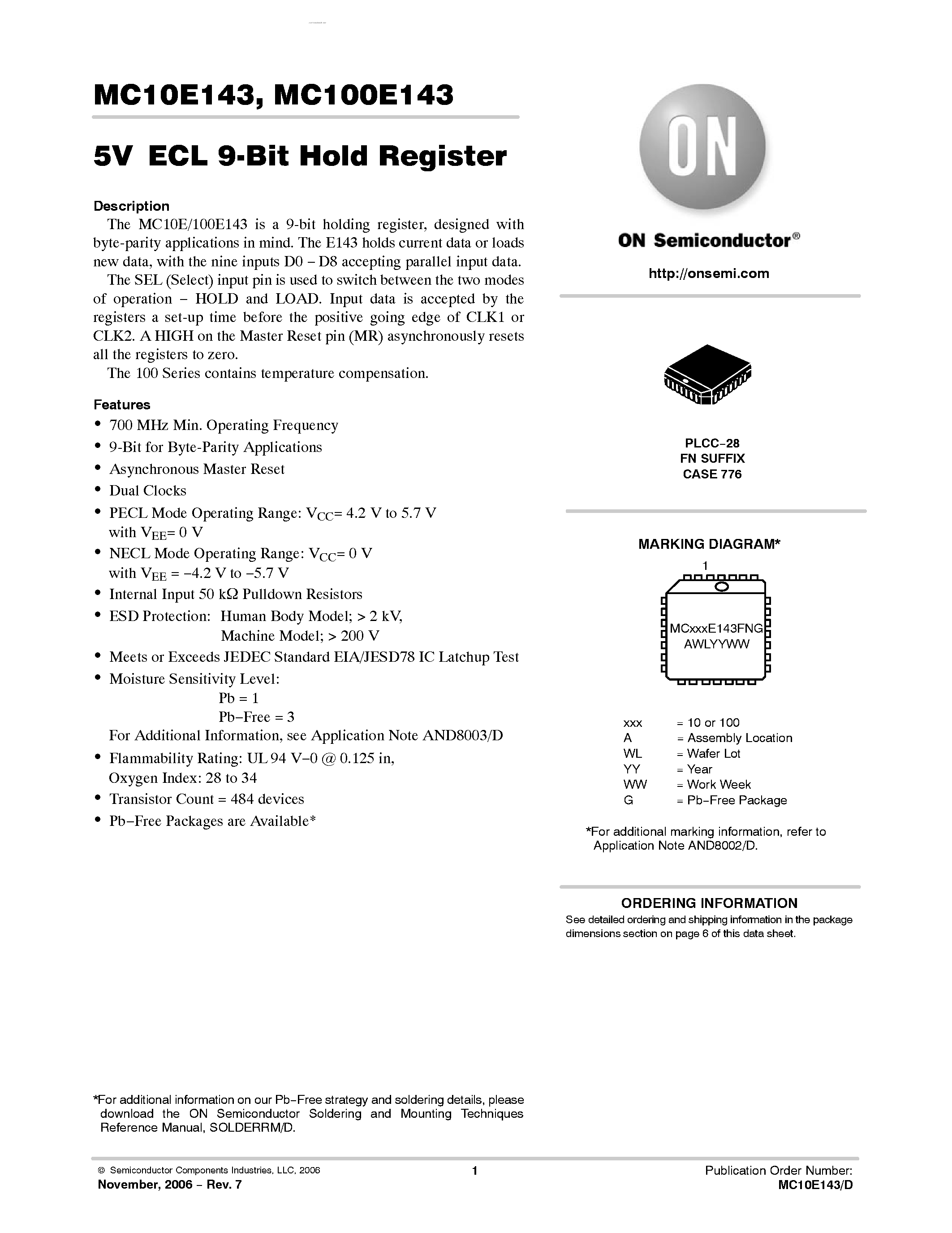 Datasheet MC10E143 - 9-BIT HOLD REGISTER page 1