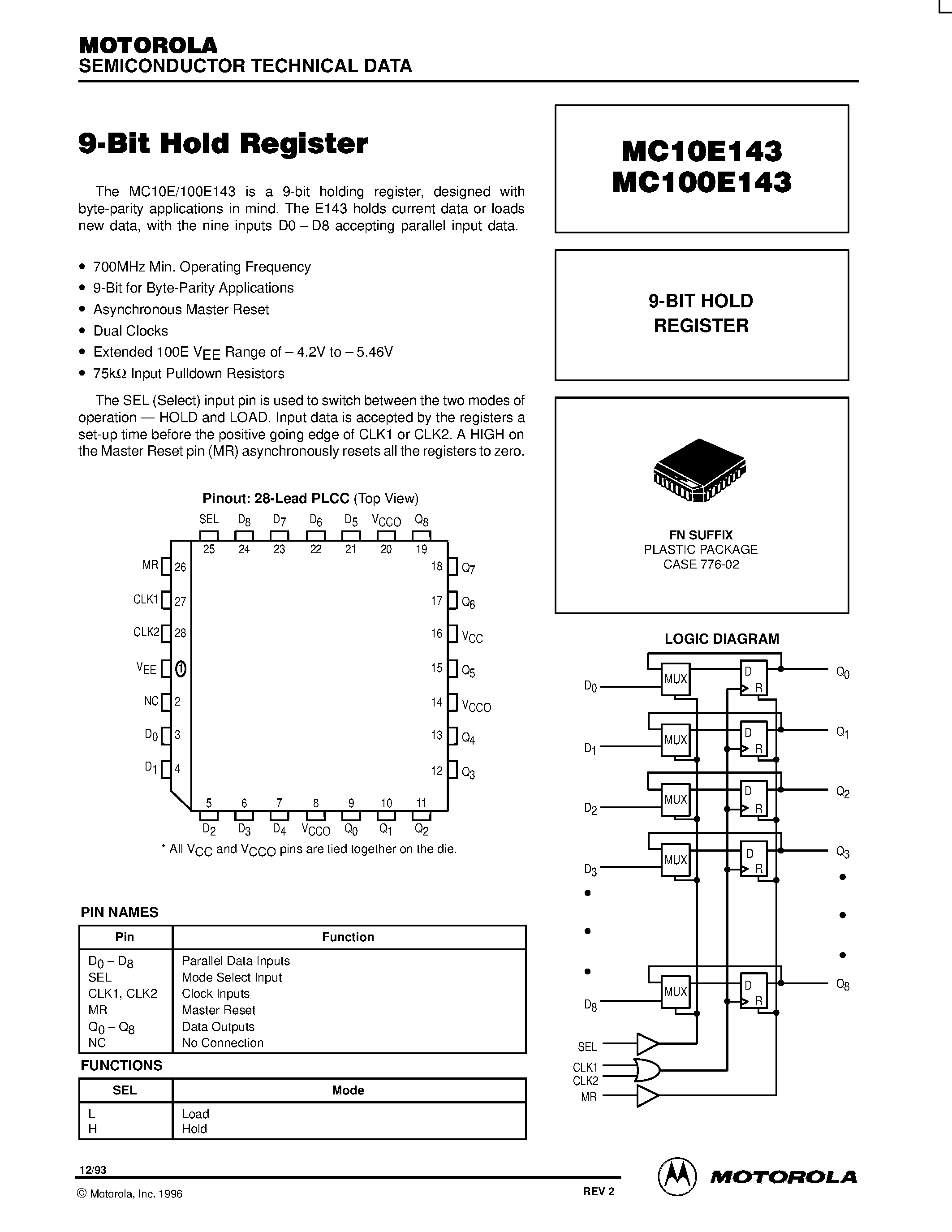 Datasheet MC10E143FN - 9-BIT HOLD REGISTER page 1