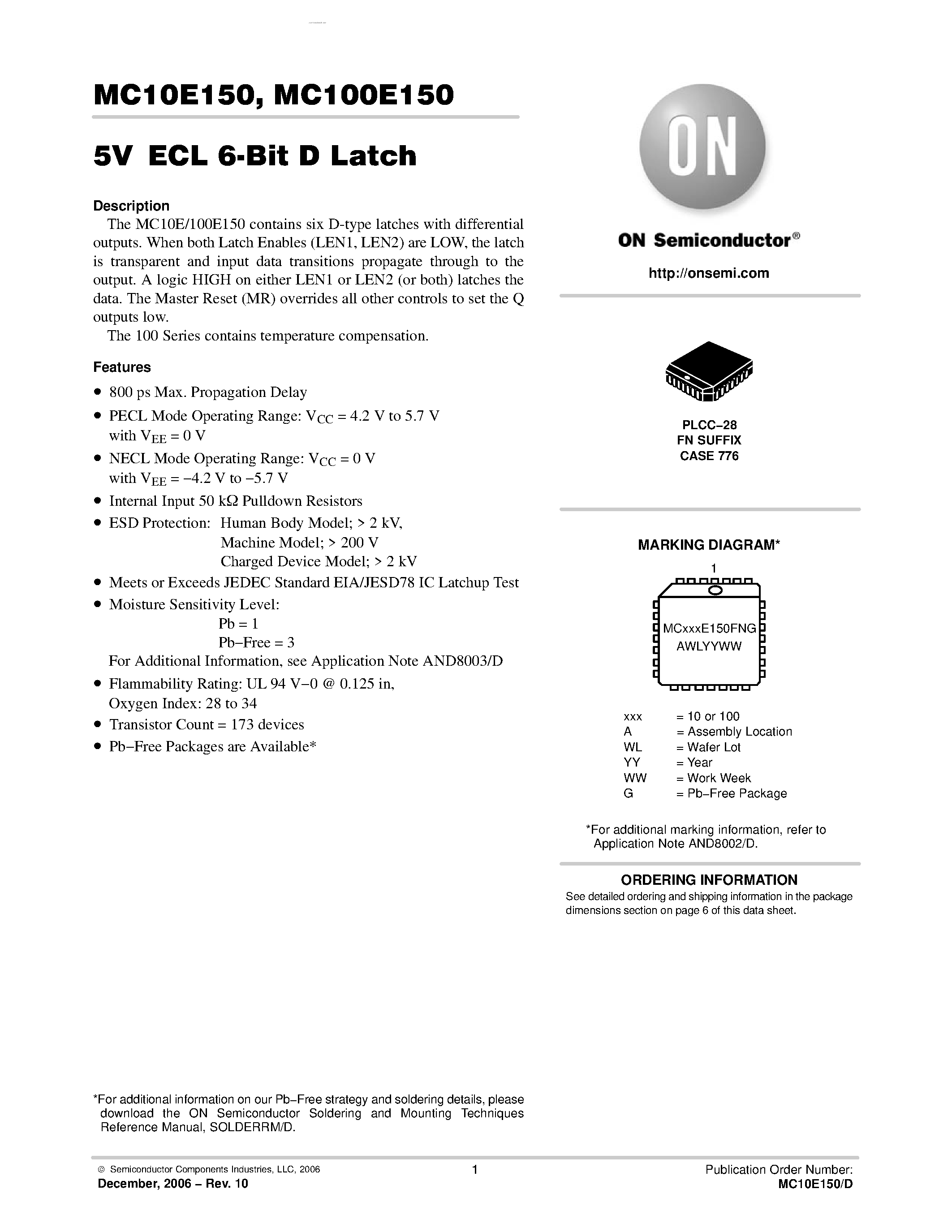 Datasheet MC10E150 - 6-BIT D LATCH page 1