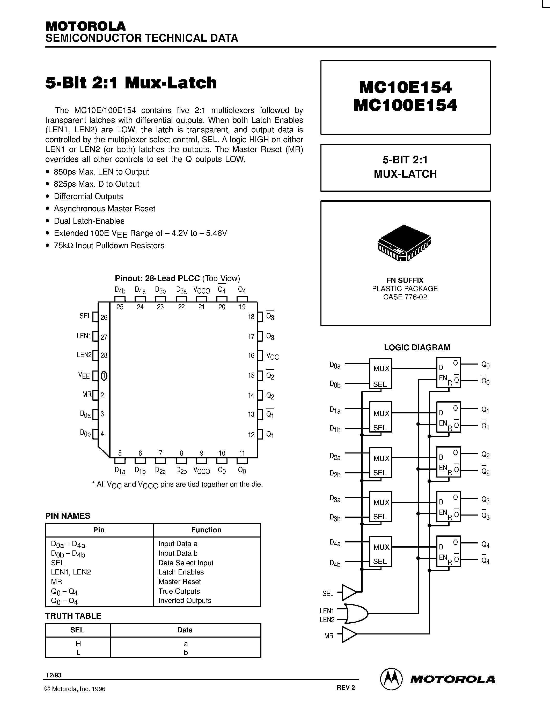 Даташит на микросхему MC10E154FN страница 1 Даташит MC10E154FN - 5-BIT 2:1 MUX-LATCH страница 1