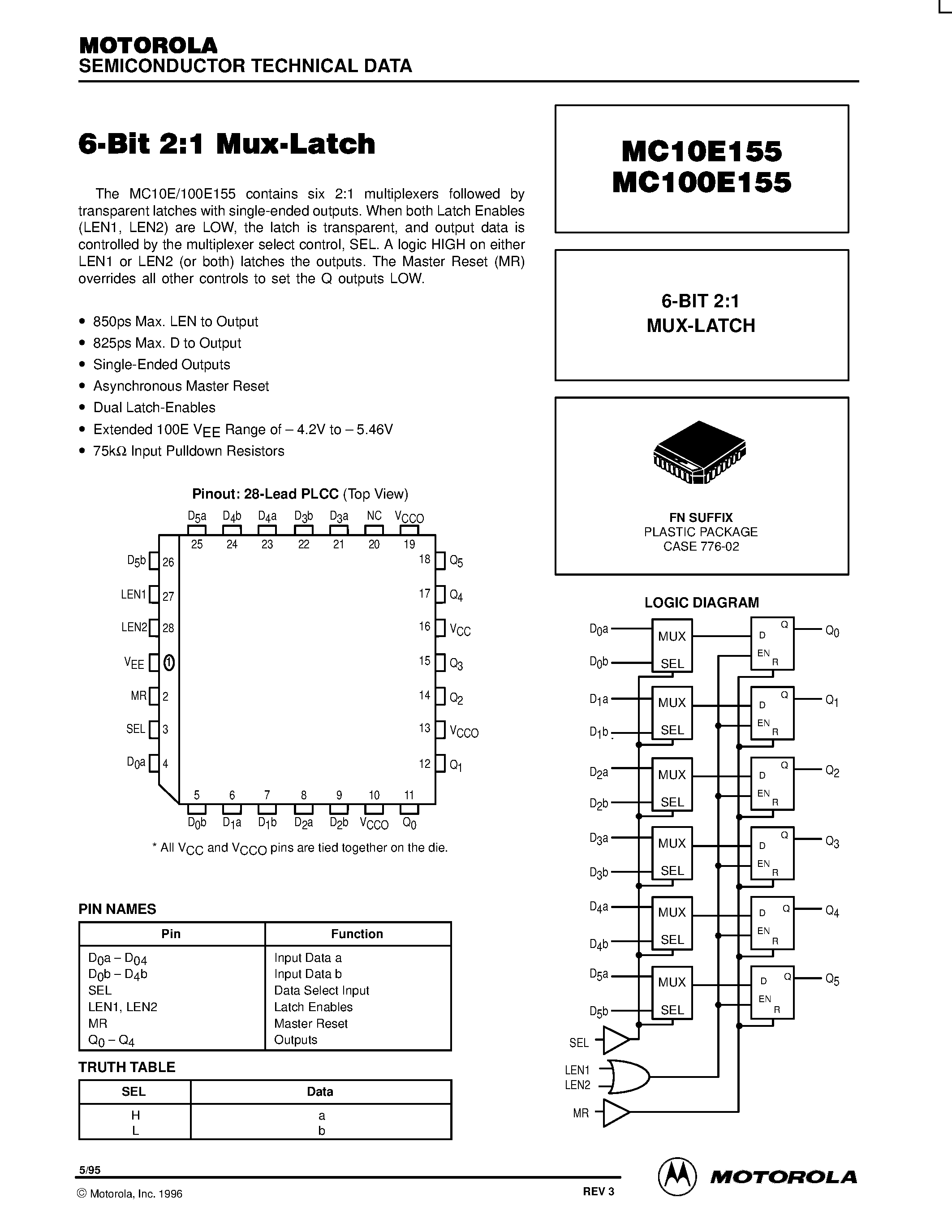 Datasheet MC10E155FN - 6-BIT 2:1 MUX-LATCH page 1