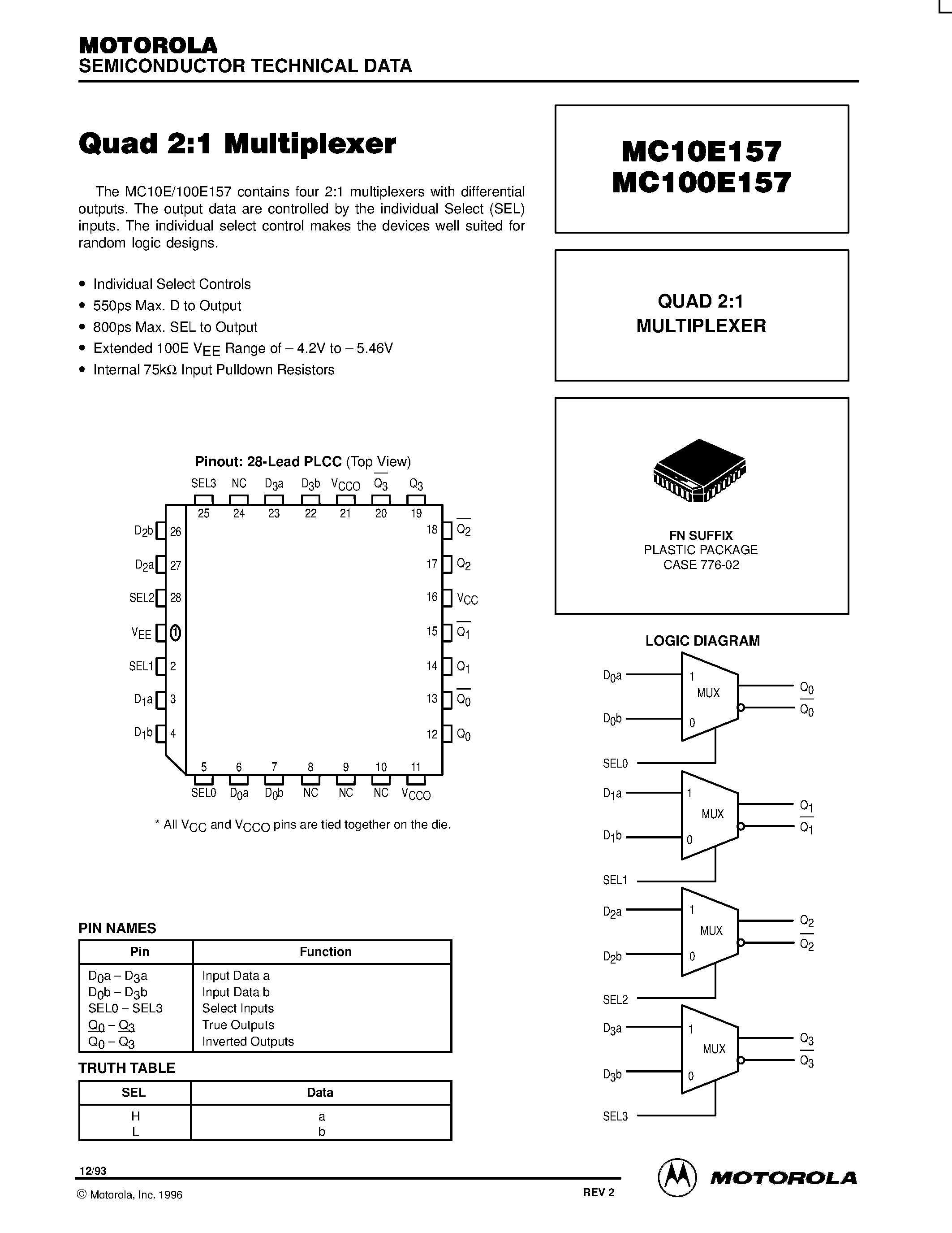 Даташит MC10E157 - QUAD 2:1 MULTIPLEXER страница 1