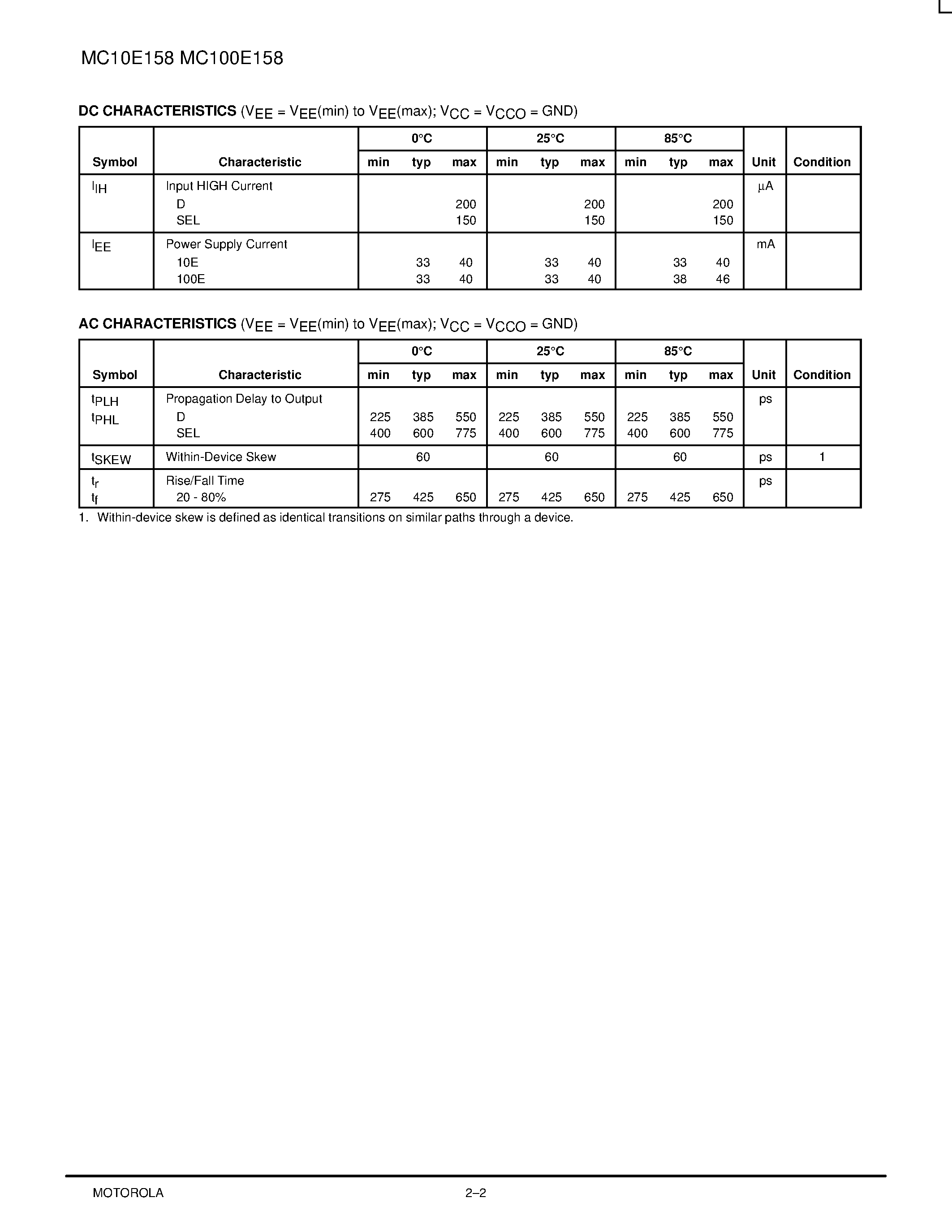 Даташит MC10E158FN - 5-BIT 2:1 MULTIPLEXER страница 2