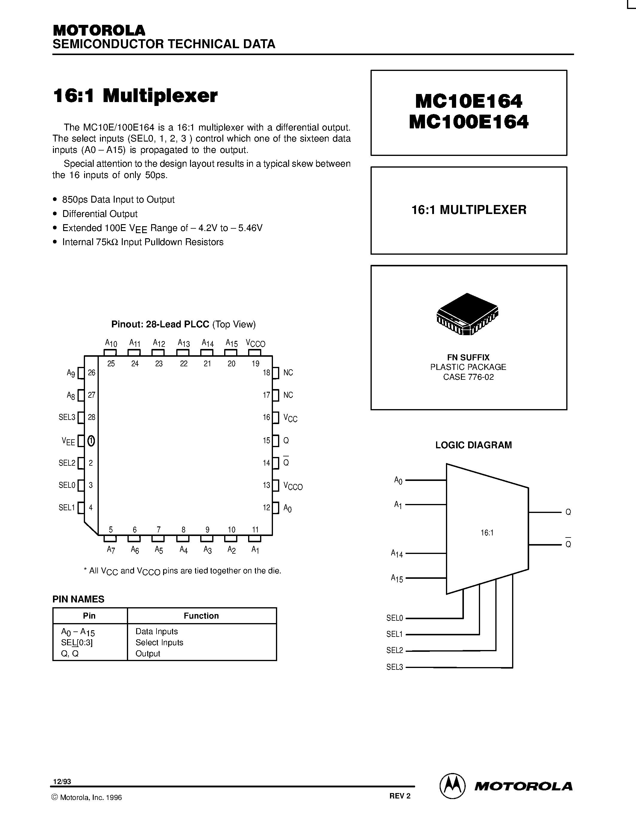 Даташит MC10E164FN - 16:1 MULTIPLEXER страница 1