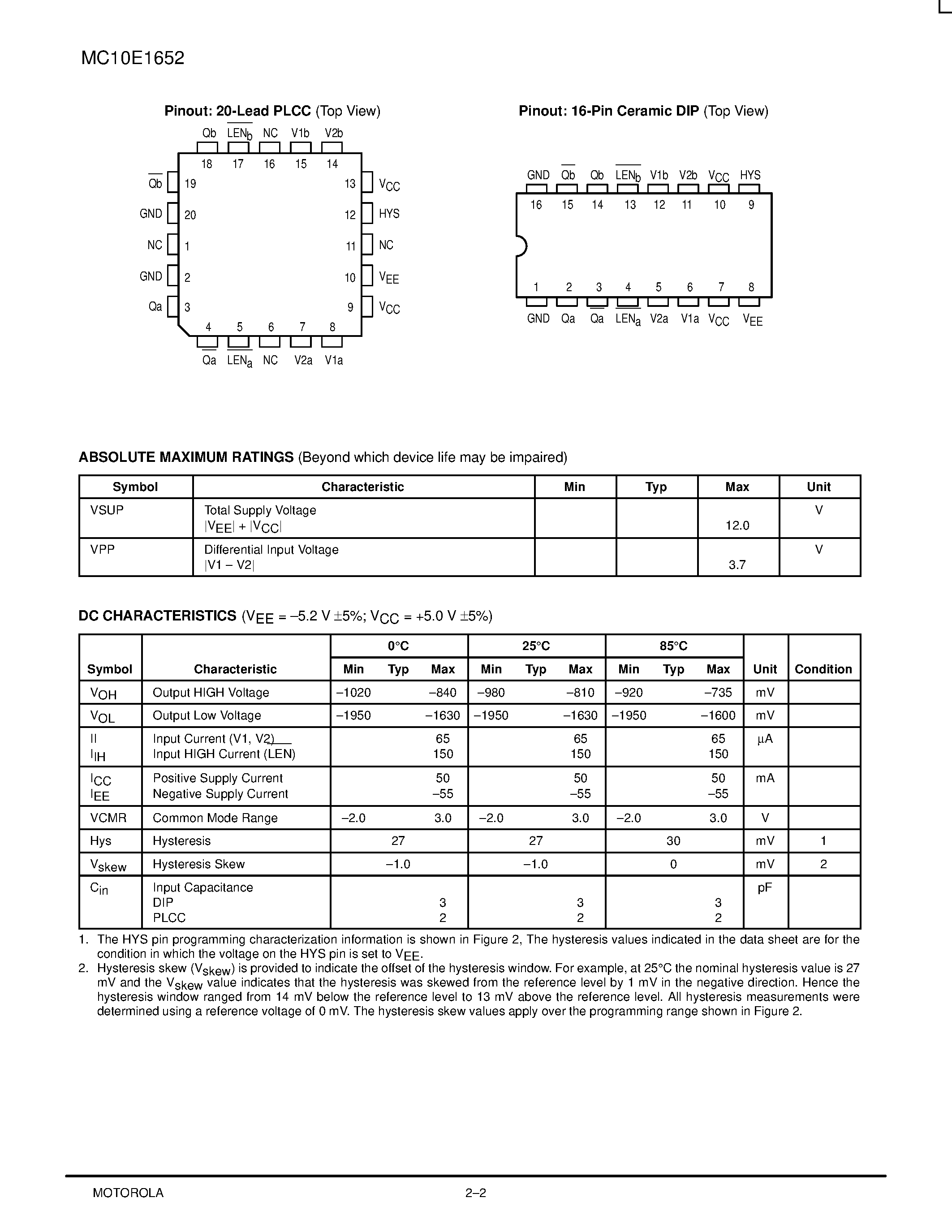 Даташит MC10E1652 - DUAL ECL OUTPUT COMPARATOR WITH LATCH страница 2