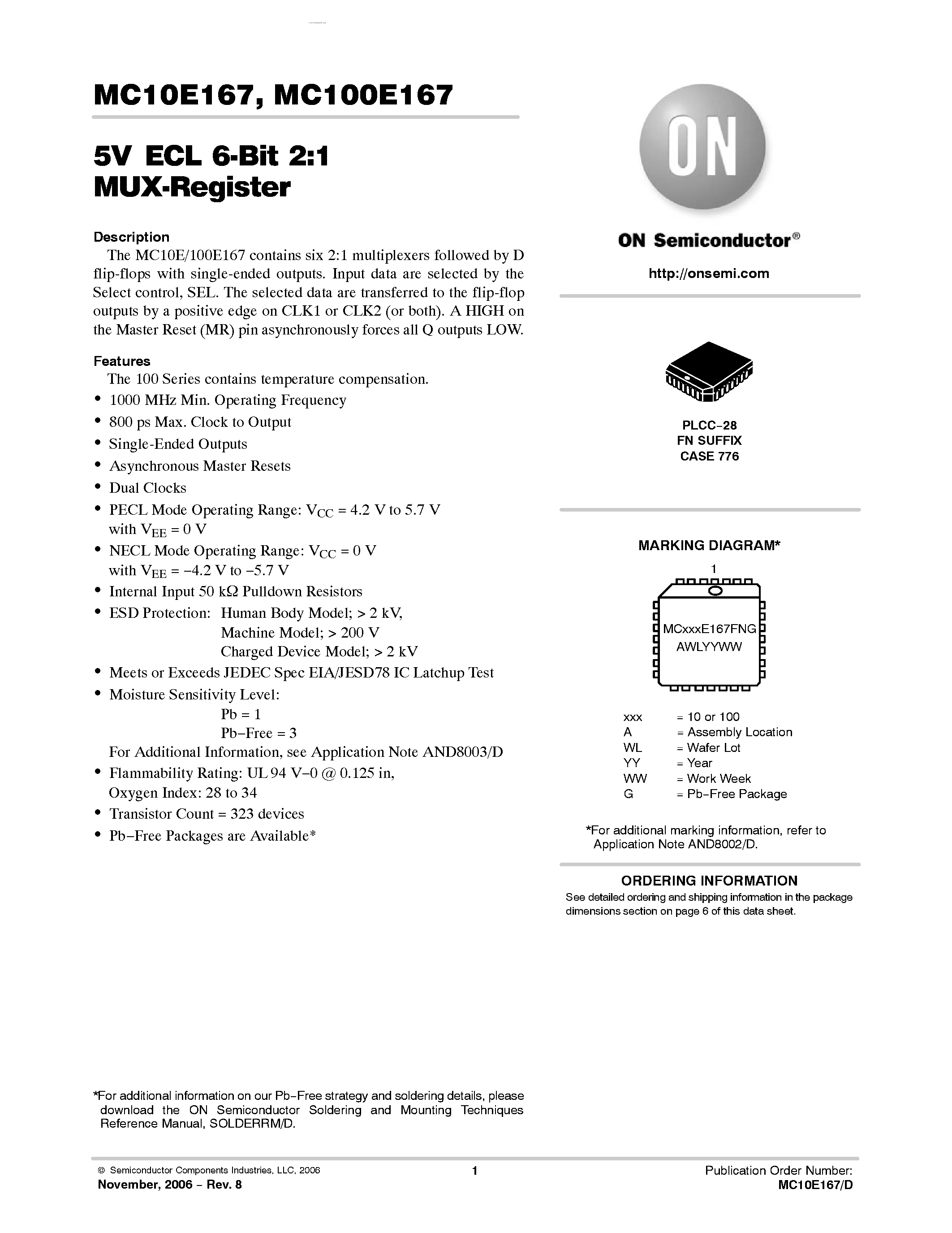 Datasheet MC10E167 - 6-BIT 2:1 MUX-REGISTER page 1