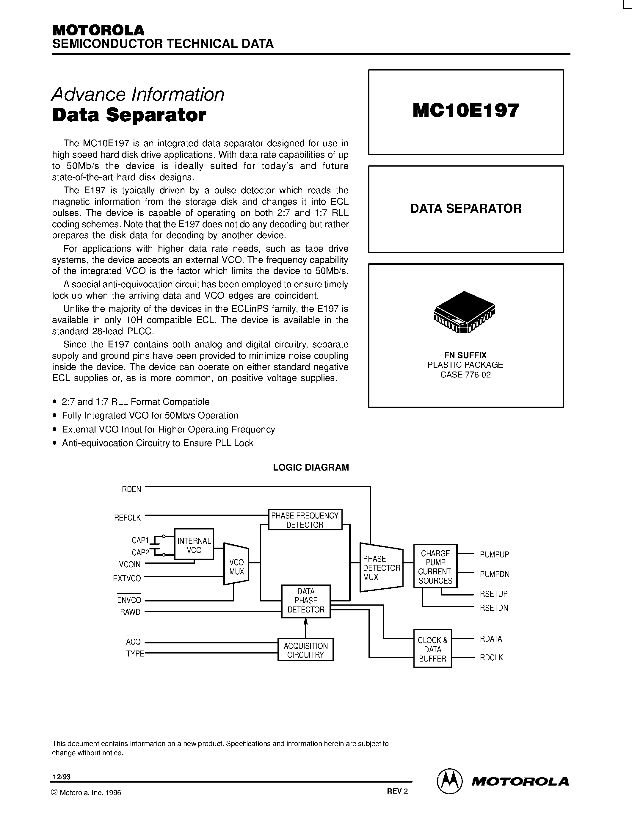 Даташит на микросхему MC10E197 страница 1 Даташит MC10E197 - DATA SEPARATOR страница 1
