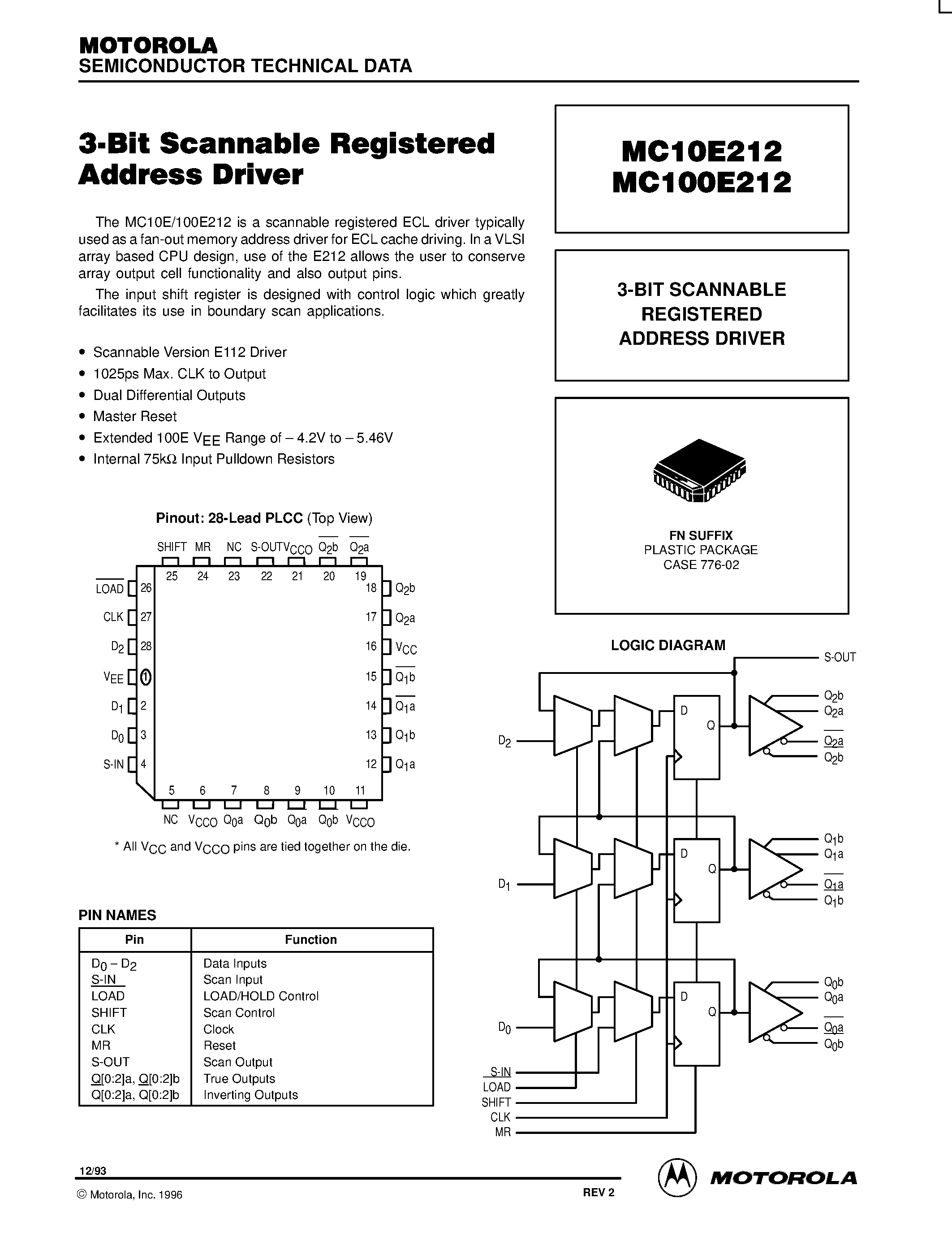 Даташит MC10E212FN - 3-BIT SCANNABLE REGISTERED ADDRESS DRIVER страница 1