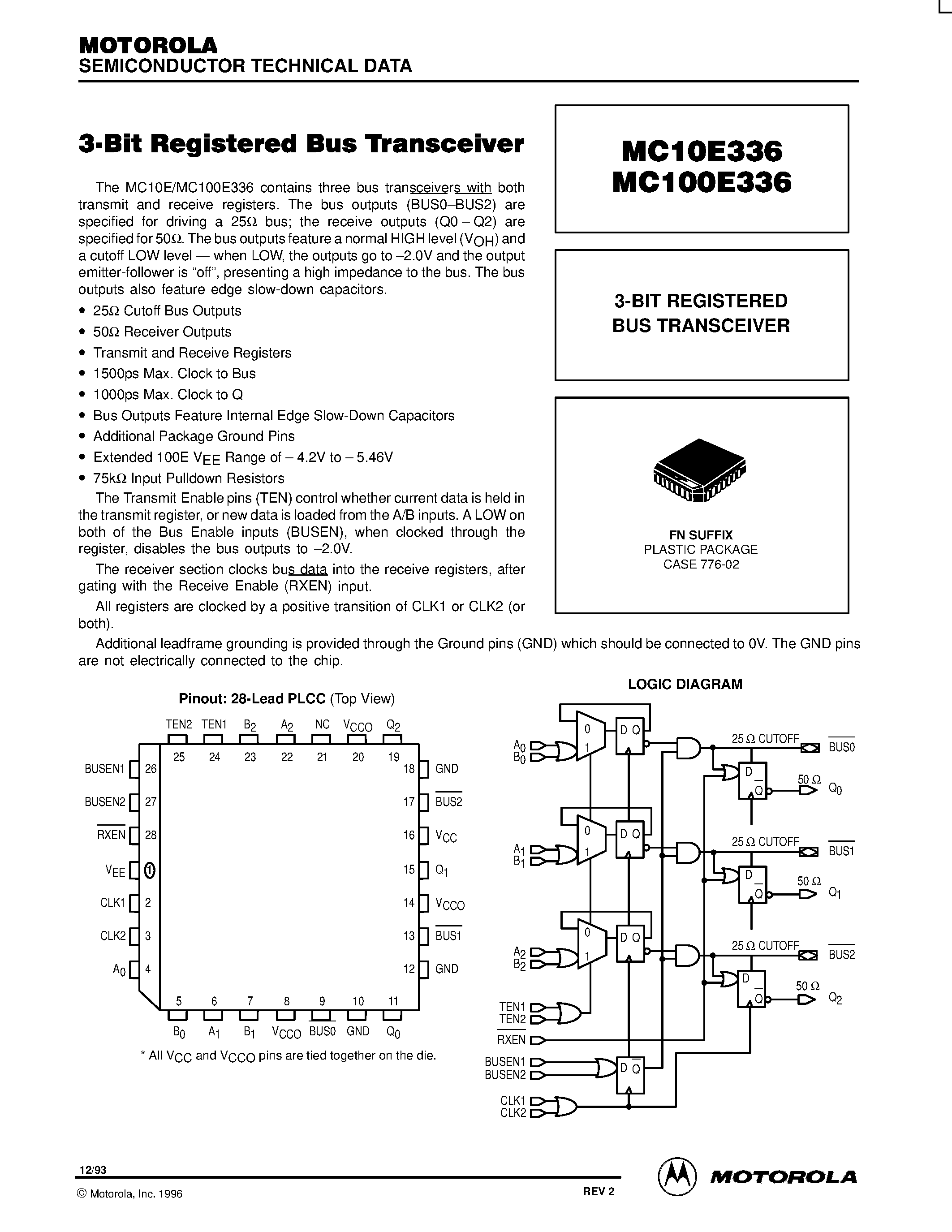 Даташит на микросхему MC10E336FN страница 1 Даташит MC10E336FN - 3-BIT REGISTERED BUS TRANSCEIVER страница 1