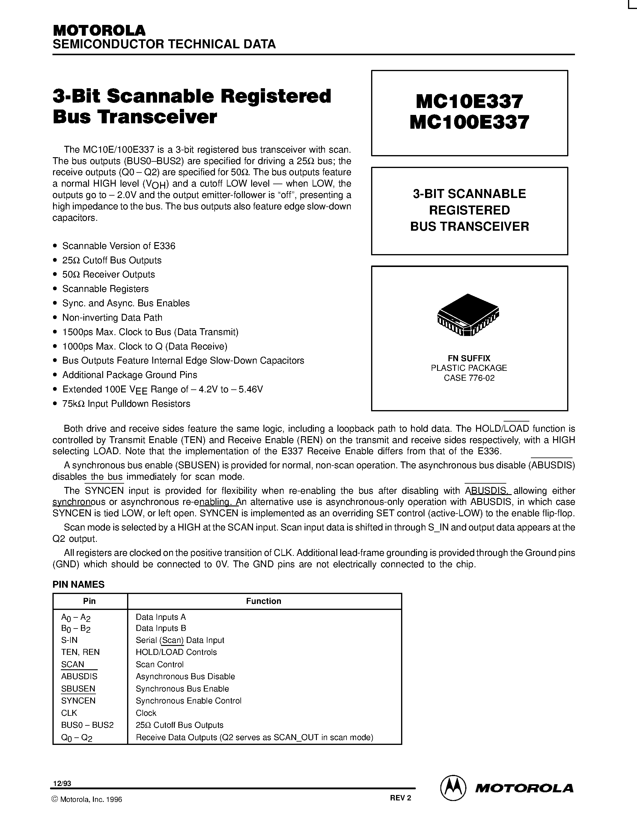 Даташит MC10E337 - 3-BIT SCANNABLE REGISTERED BUS TRANSCEIVER страница 1