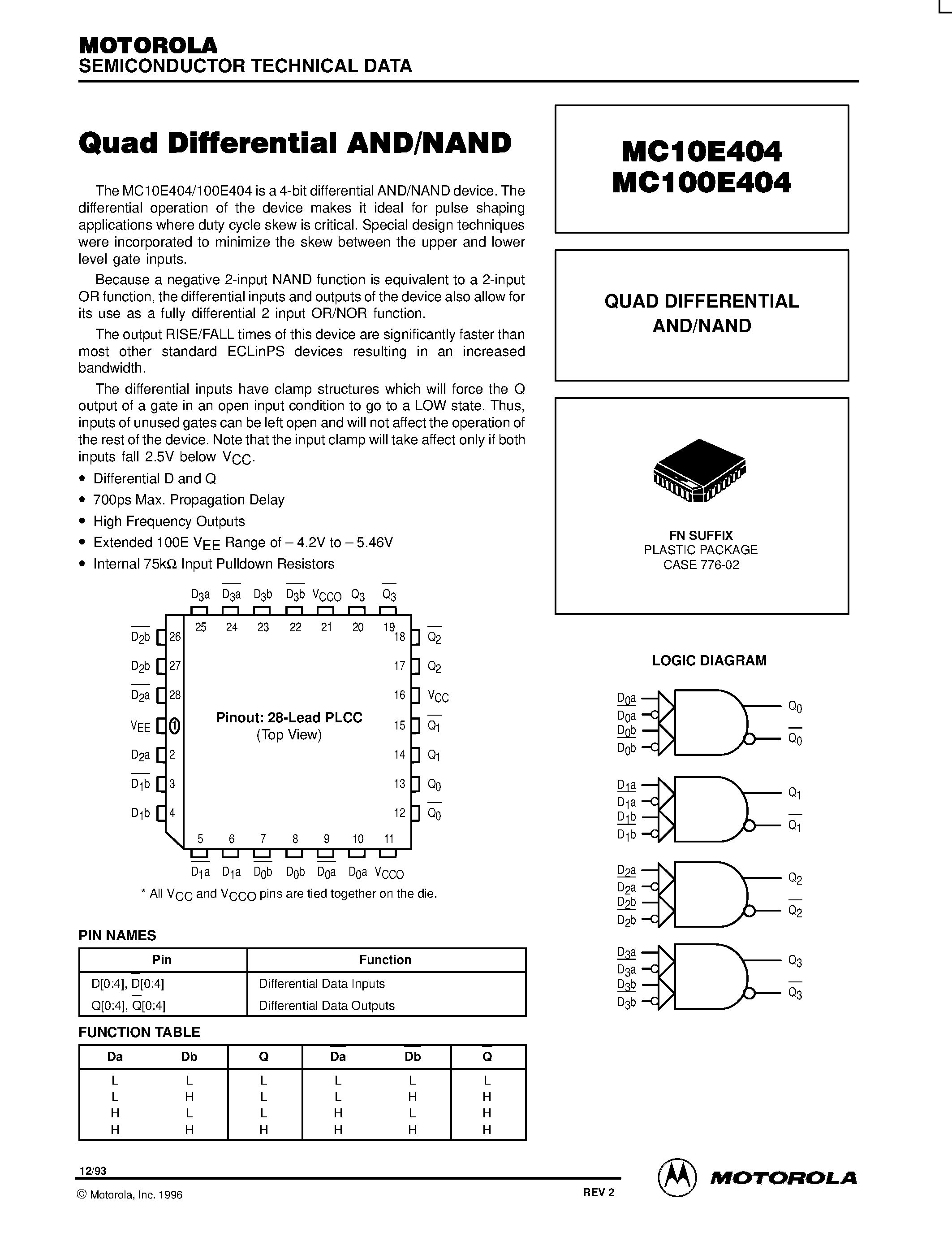 Даташит MC10E404 - QUAD DIFFERENTIAL AND/NAND страница 1