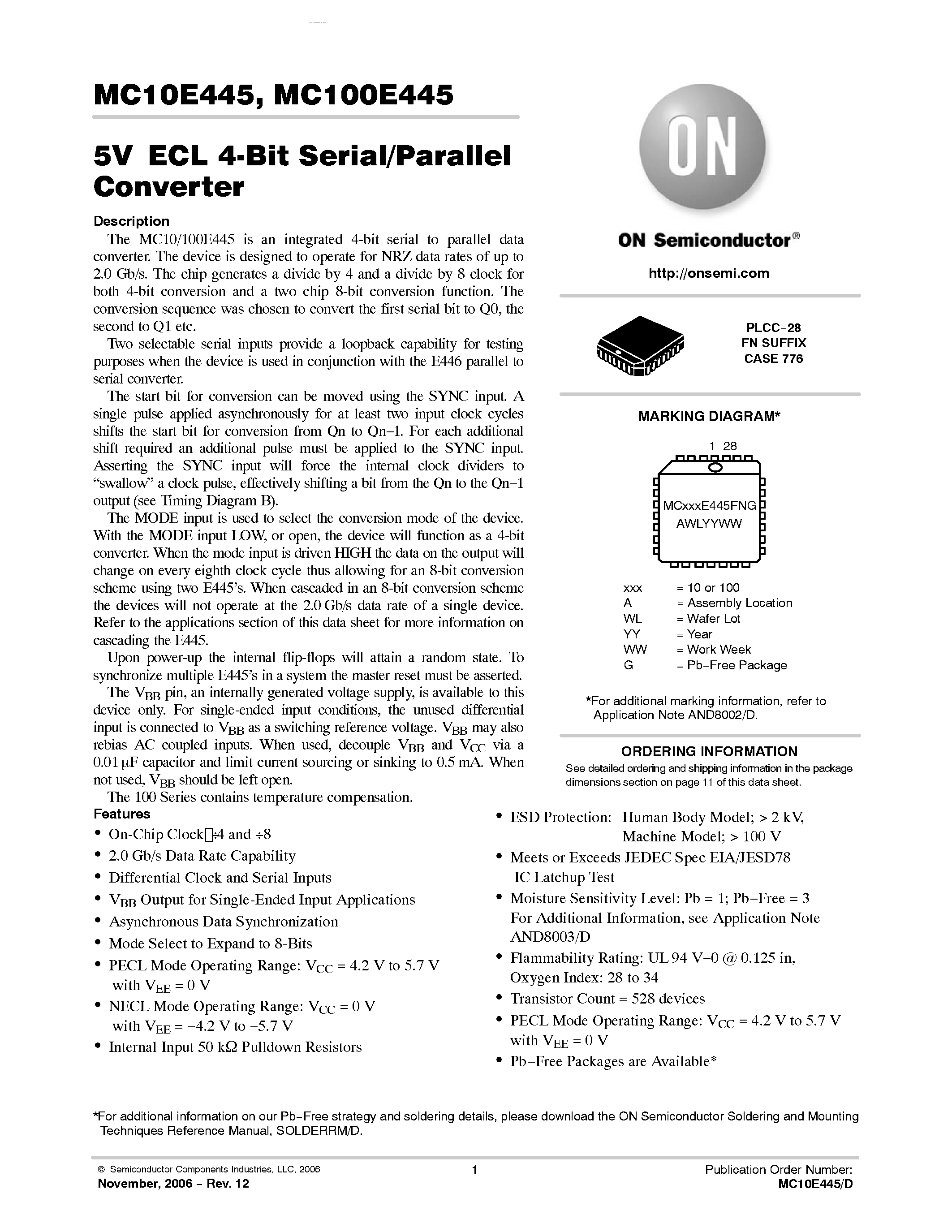 Datasheet MC10E445 - 4-BIT SERIAL/ PARALLEL CONVERTER page 1