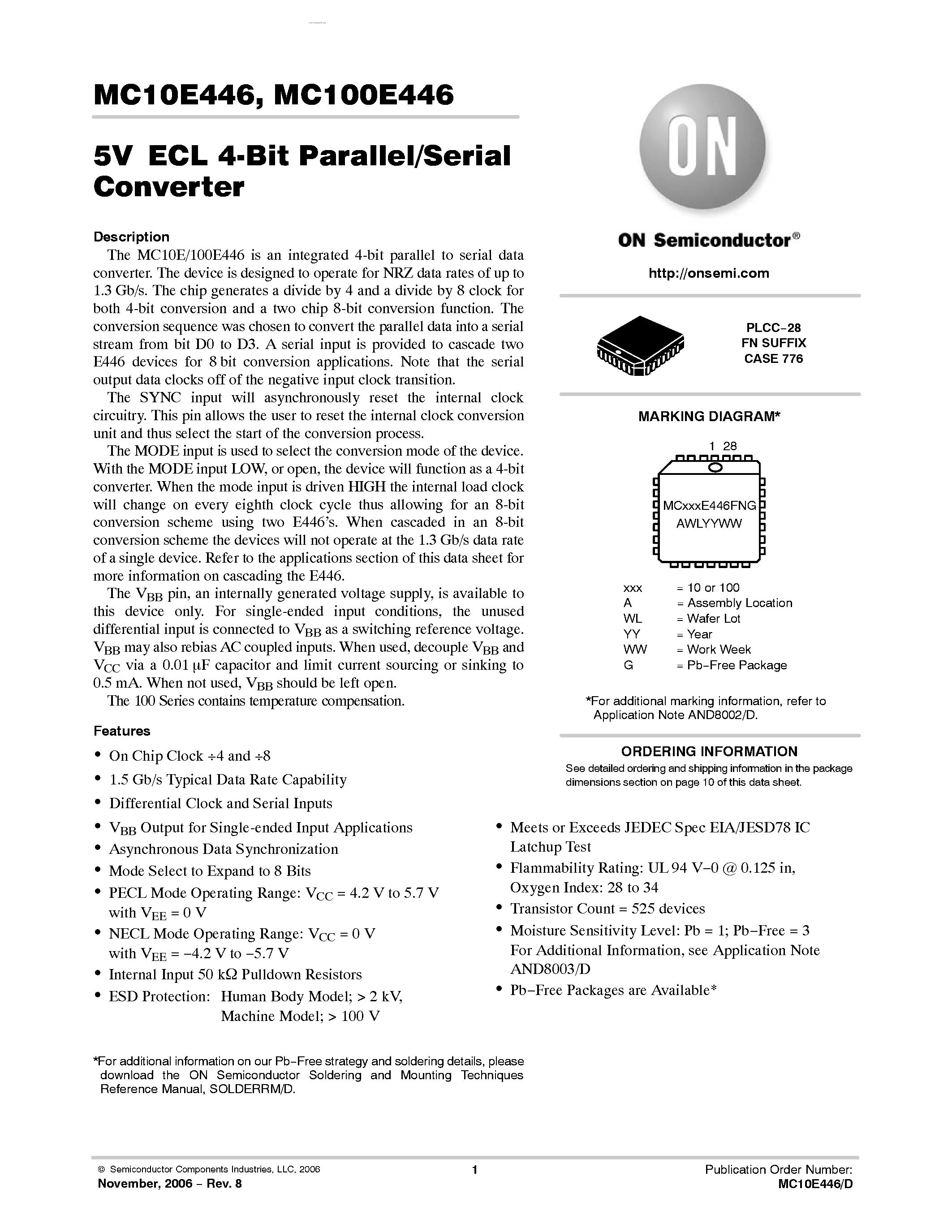 Datasheet MC10E446 - 4-BIT PARALLEL/ SERIAL CONVERTER page 1