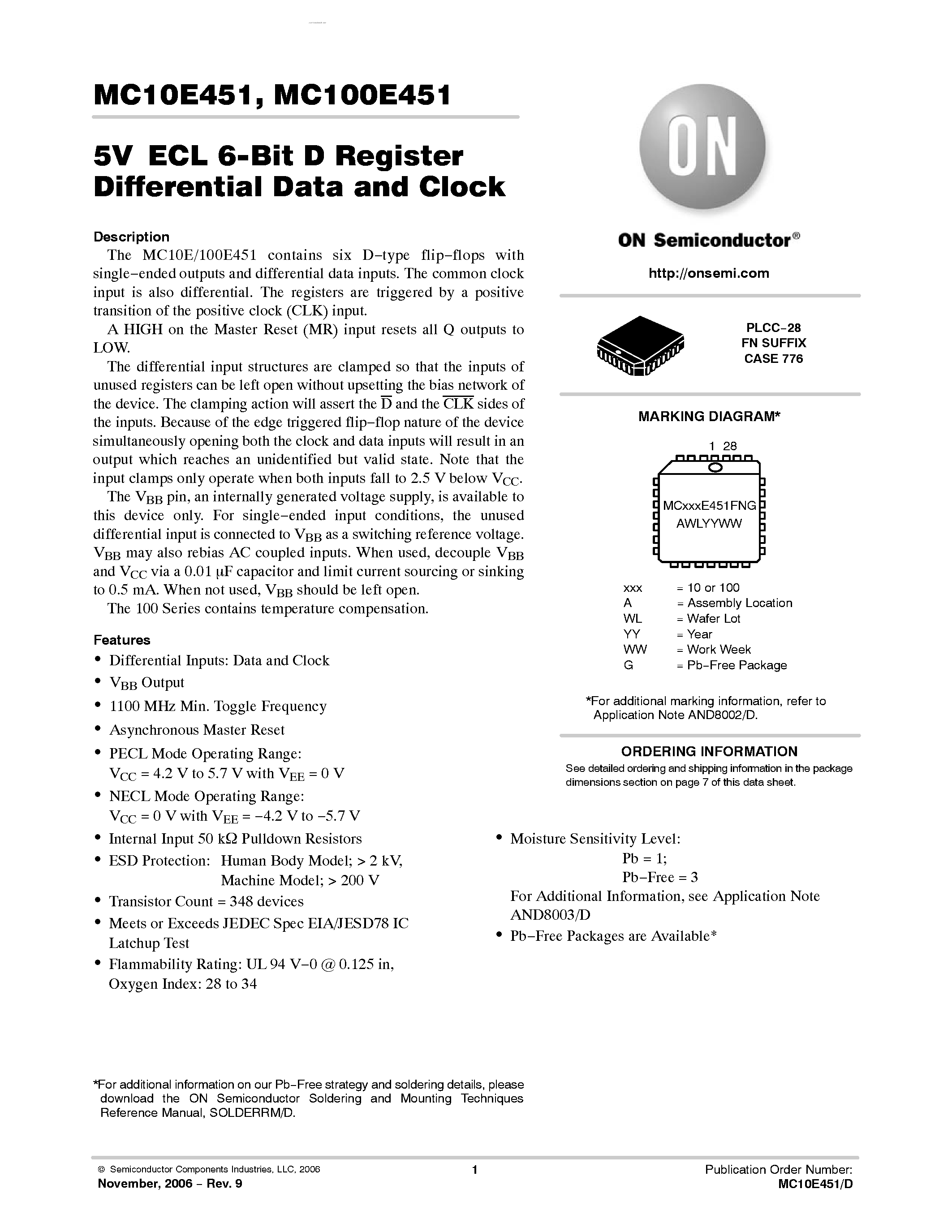 Datasheet MC10E451 - 6-BIT D REGISTER DIFFERENTIAL DATA AND CLOCK page 1