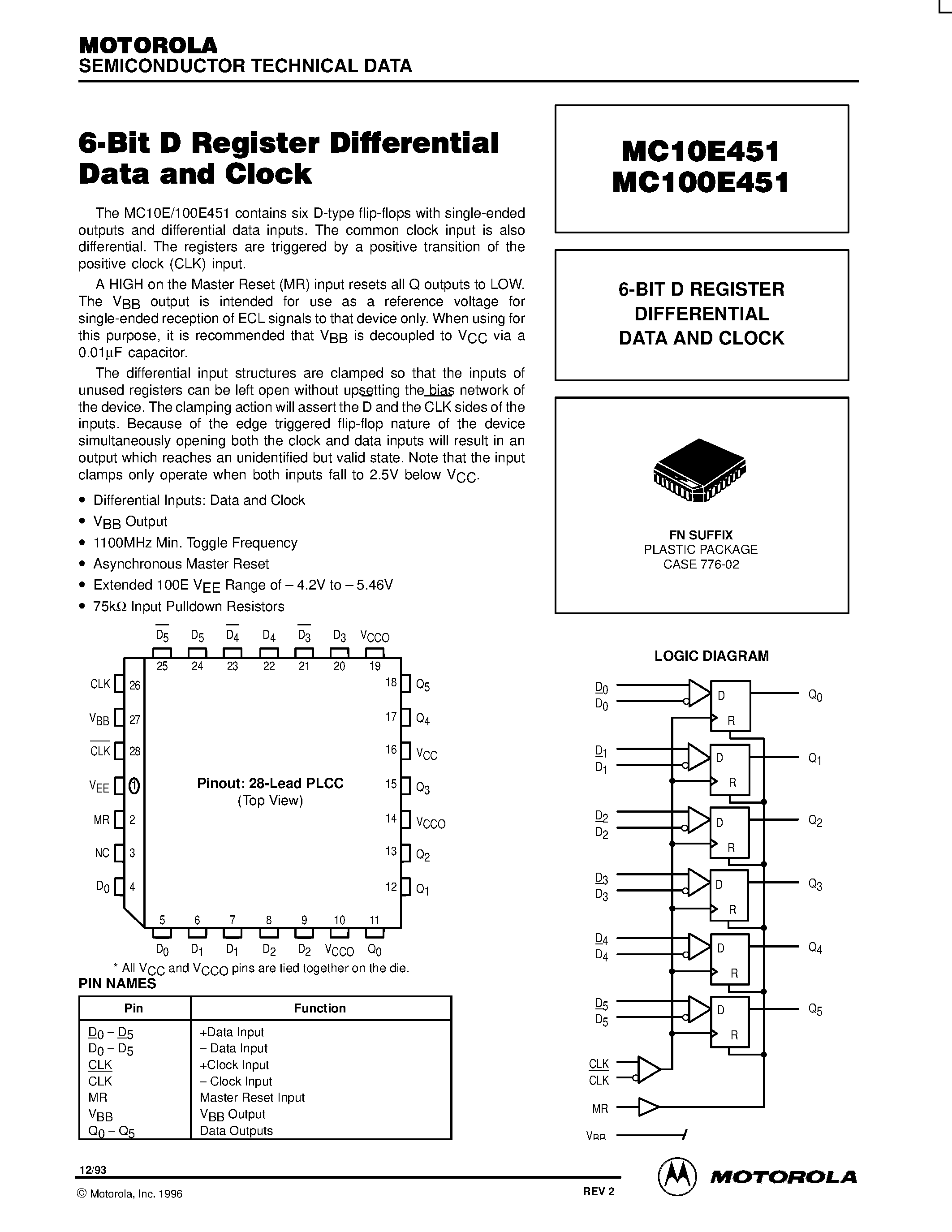 Datasheet MC10E451FN page 1 Datasheet MC10E451FN - 6-BIT D REGISTER DIFFERENTIAL DATA AND CLOCK page 1