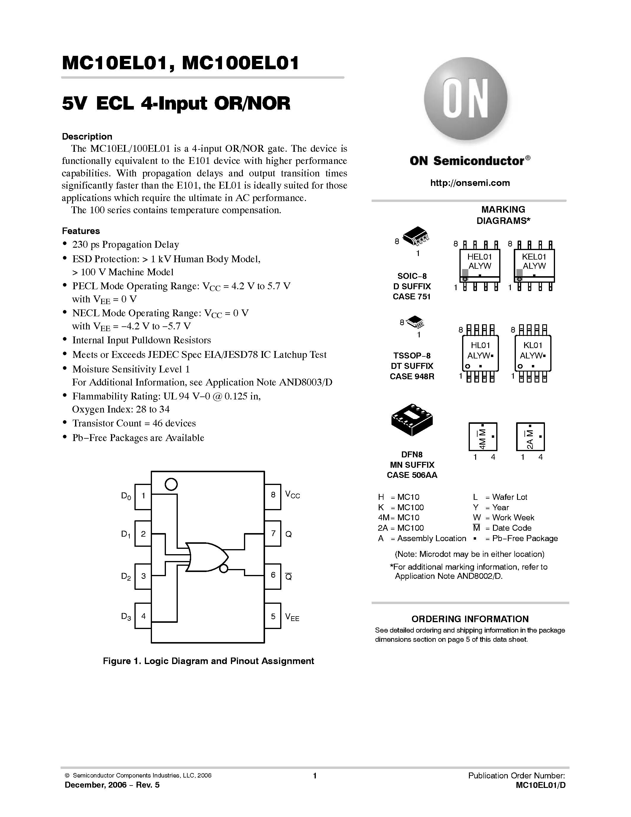 Datasheet MC10EL01 - 4-Input OR/NOR page 1