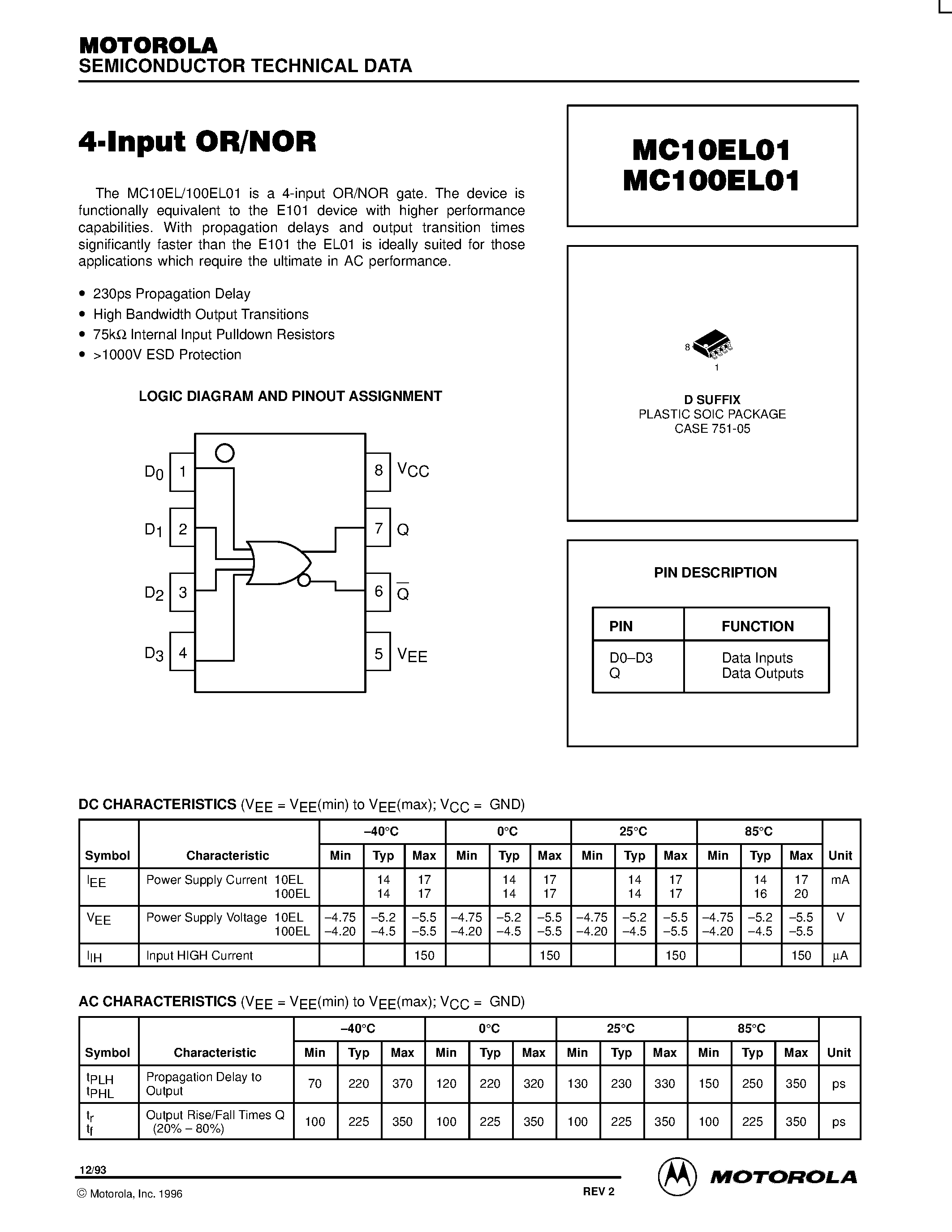 Datasheet MC10EL01D - 4-input OR/NOR page 1