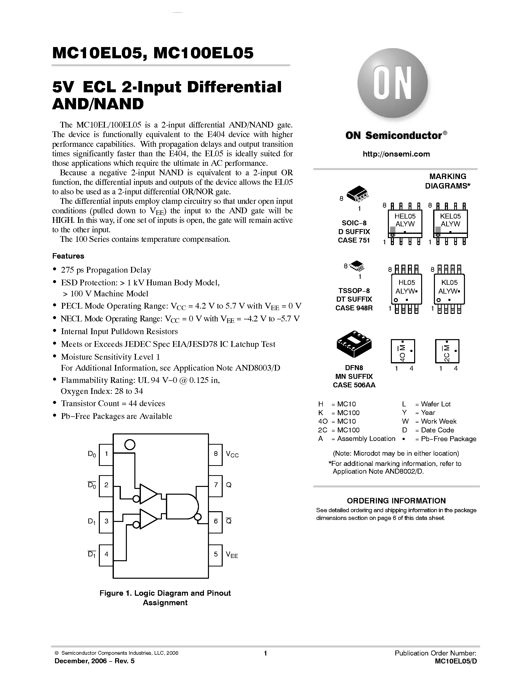Даташит MC10EL05 - 2-Input Differential AND/NAND страница 1