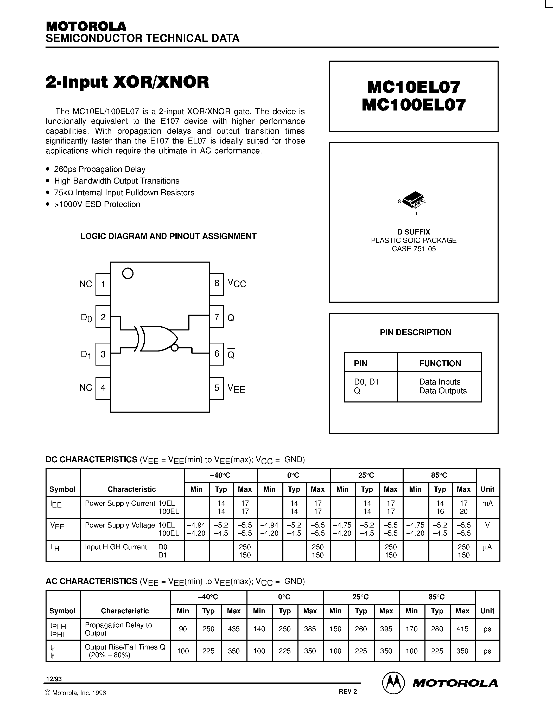 Даташит MC10EL07D - 2-input XOR/XNOR страница 1