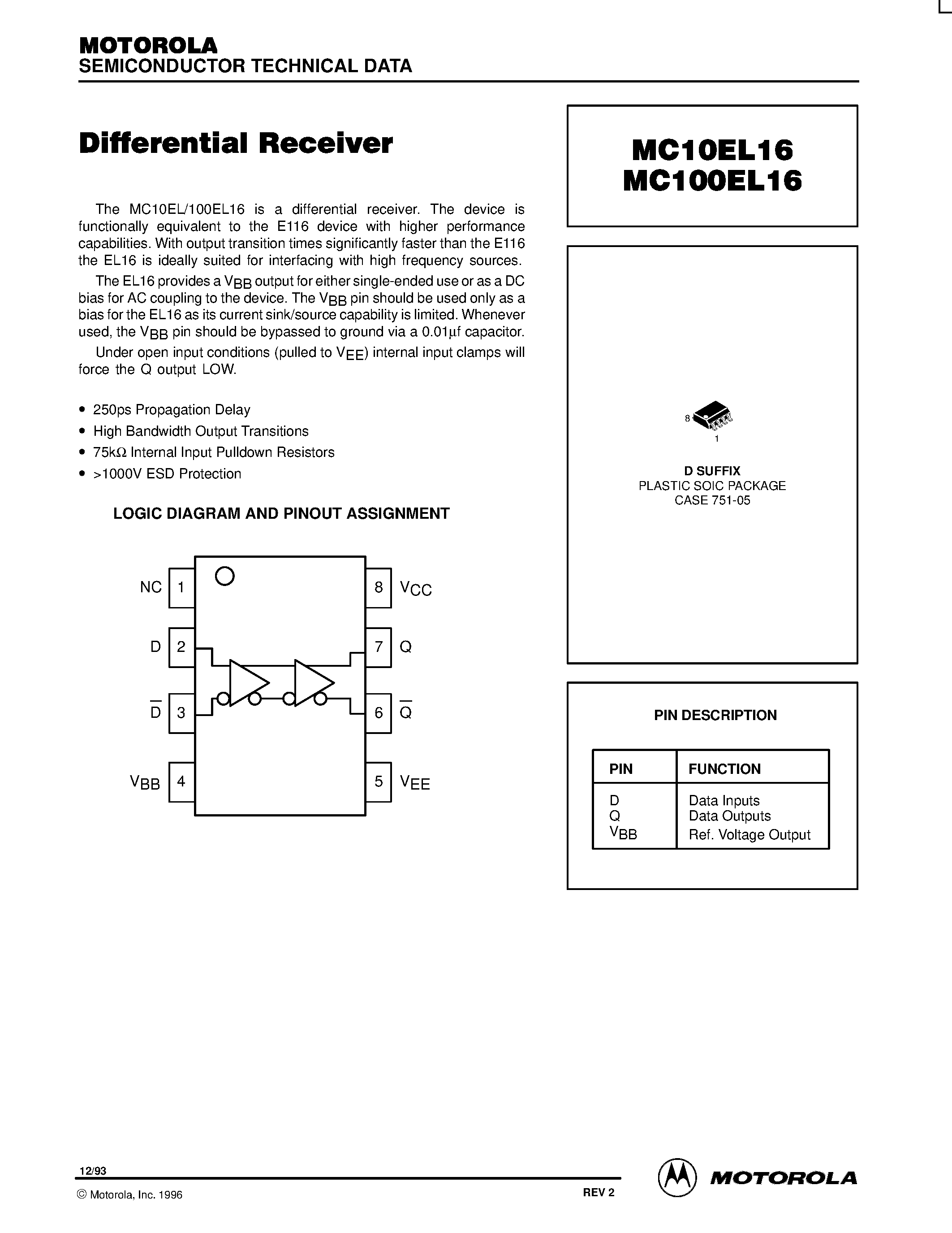 Даташит MC10EL16D - Differential Receiver страница 1