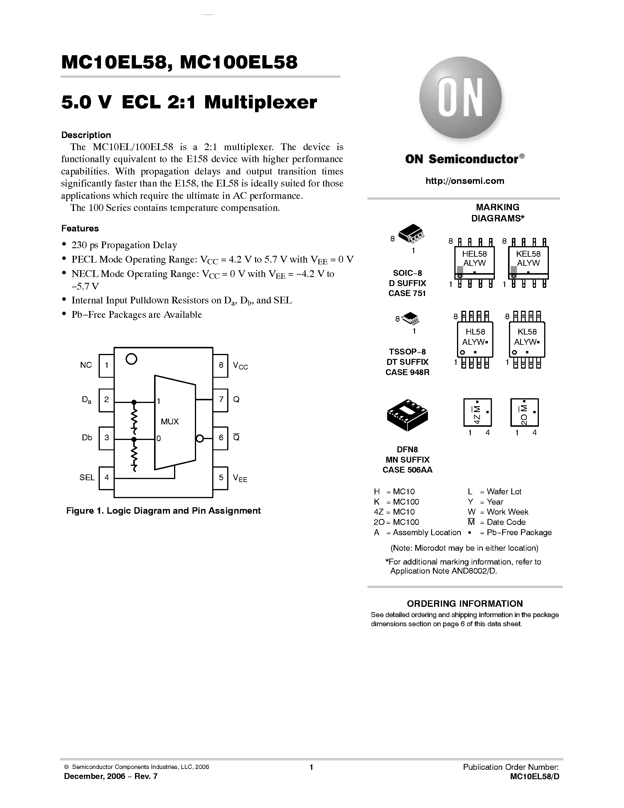 Даташит MC10EL58 - 2:1 Multiplexer страница 1