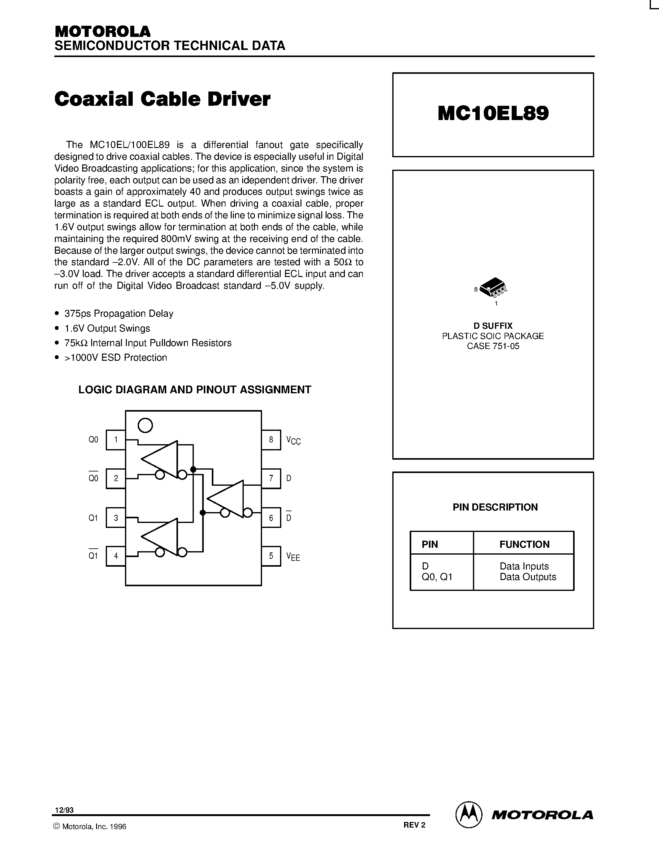 Даташит MC10EL89D - Coaxial Cable Driver страница 1
