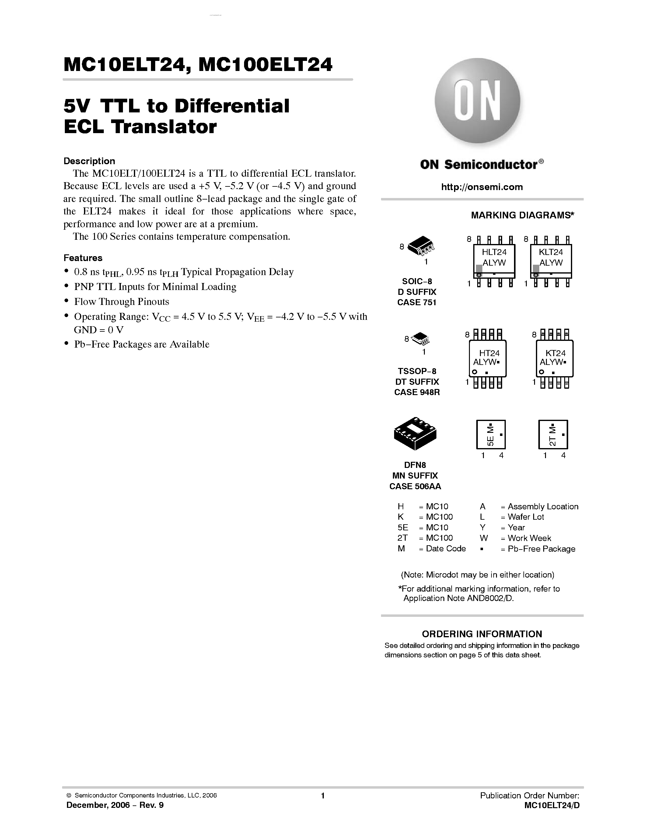 Даташит на микросхему MC10ELT24 страница 1 Даташит MC10ELT24 - TTL to Differential ECL Translator страница 1