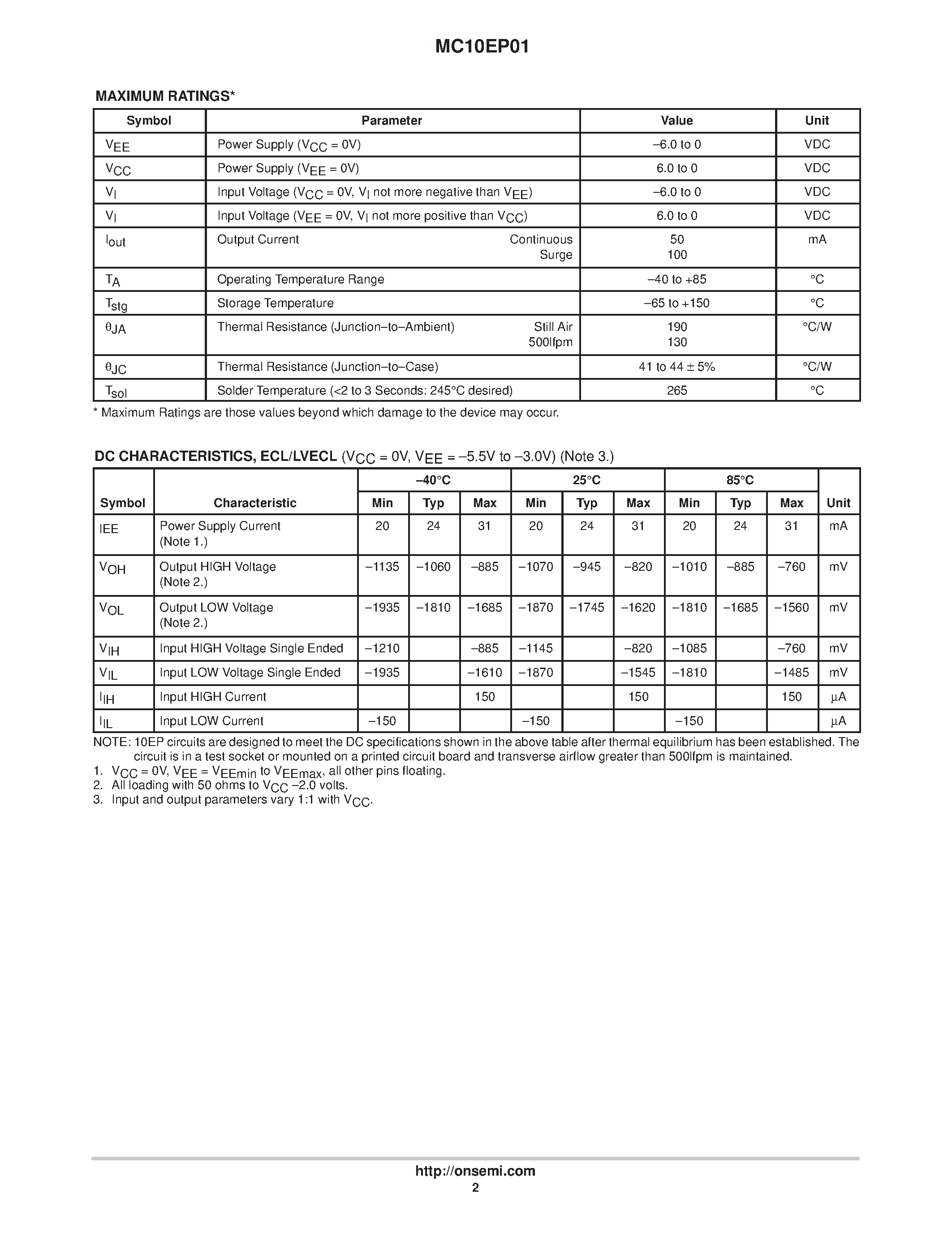 Datasheet MC10EP01 page 2 Datasheet MC10EP01 - 4-Input OR/NOR page 2
