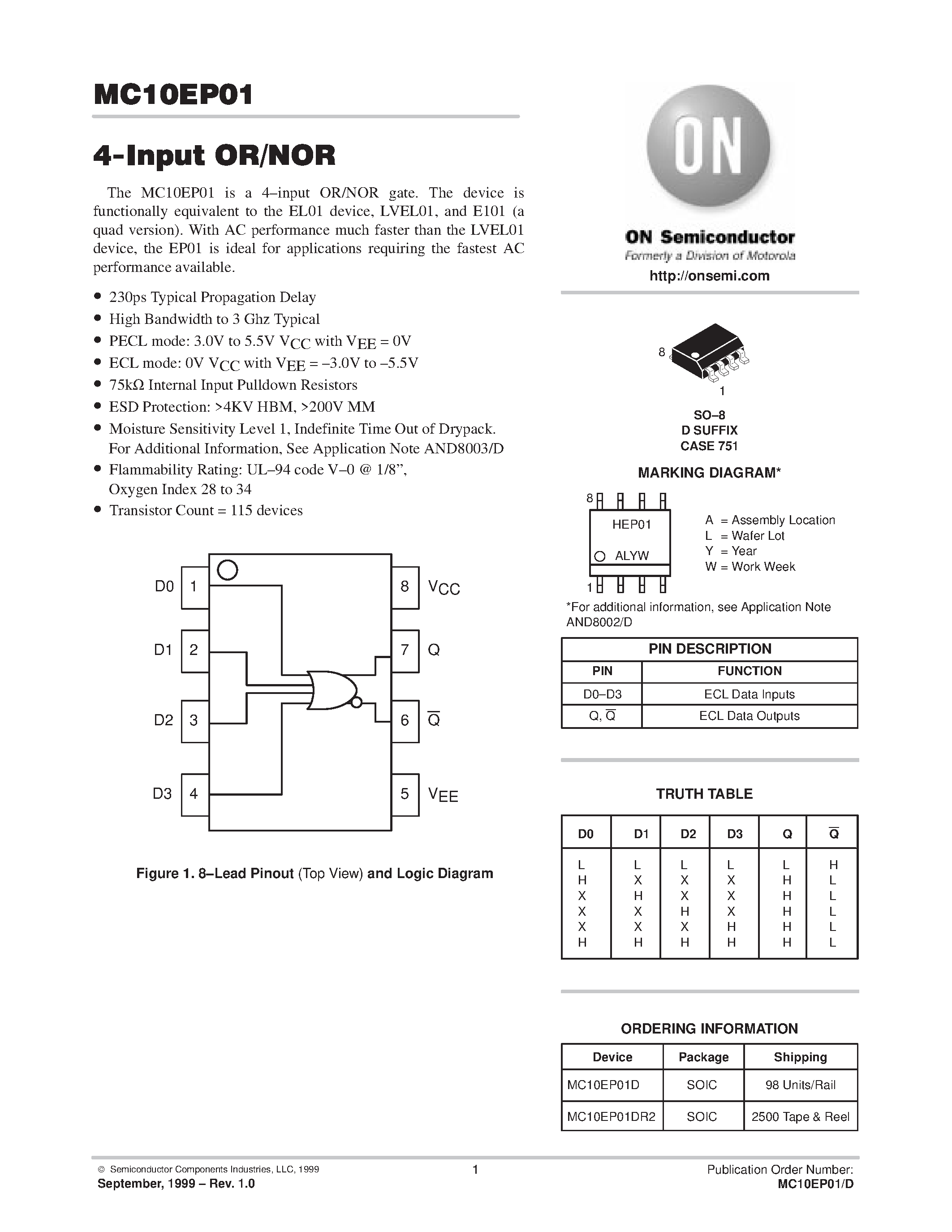 Datasheet MC10EP01DR2 - 4-Input OR/NOR page 1