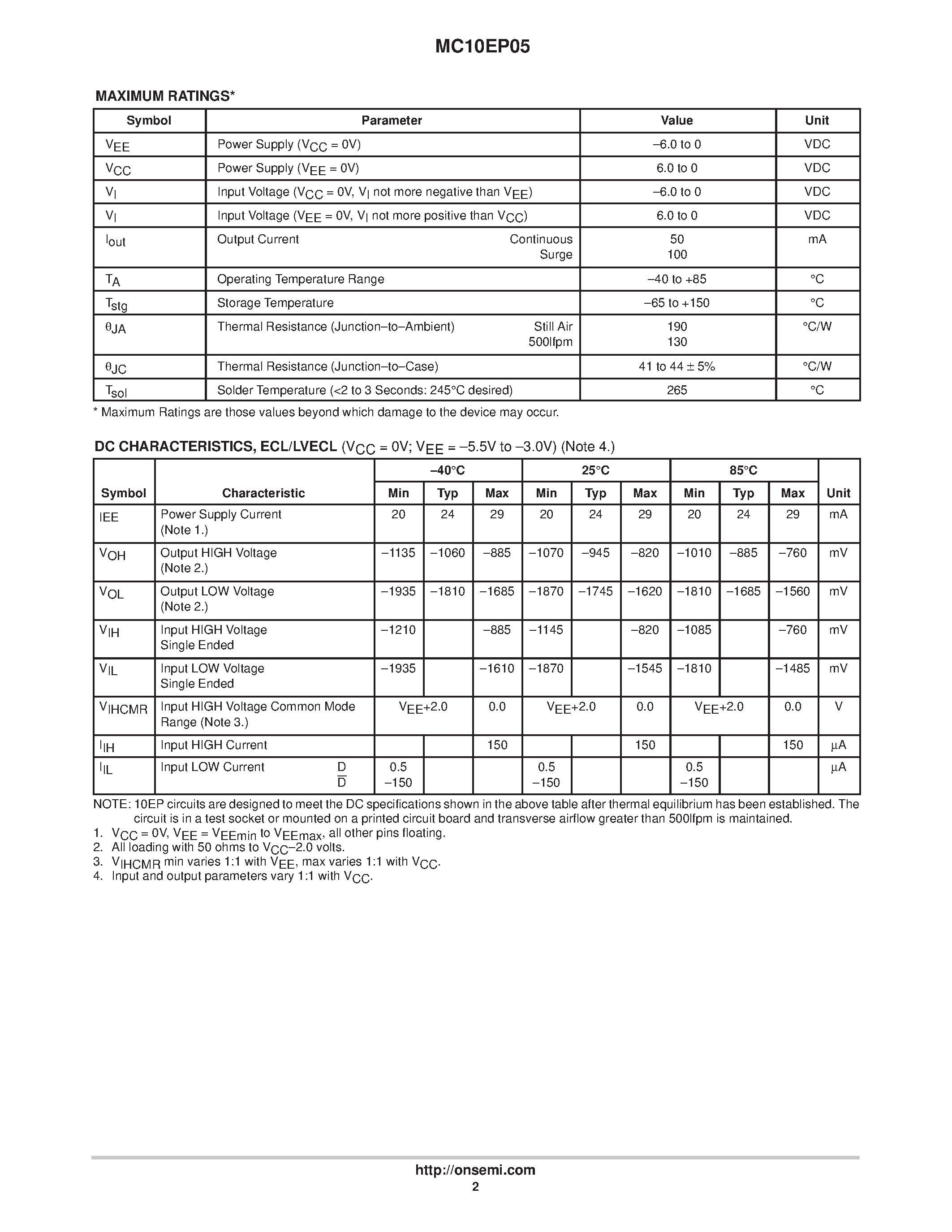Даташит MC10EP05 - 2-Input Differential AND/NAND страница 2